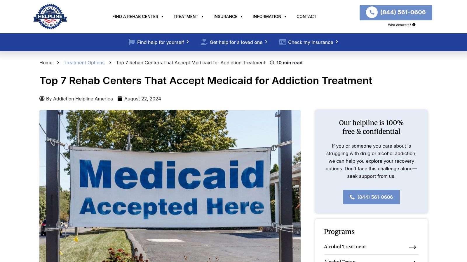 A screenshot of the Addiction Helpline America website, featuring the title 'Top 7 Rehab Centers That Accept Medicaid for Addiction Treatment'.