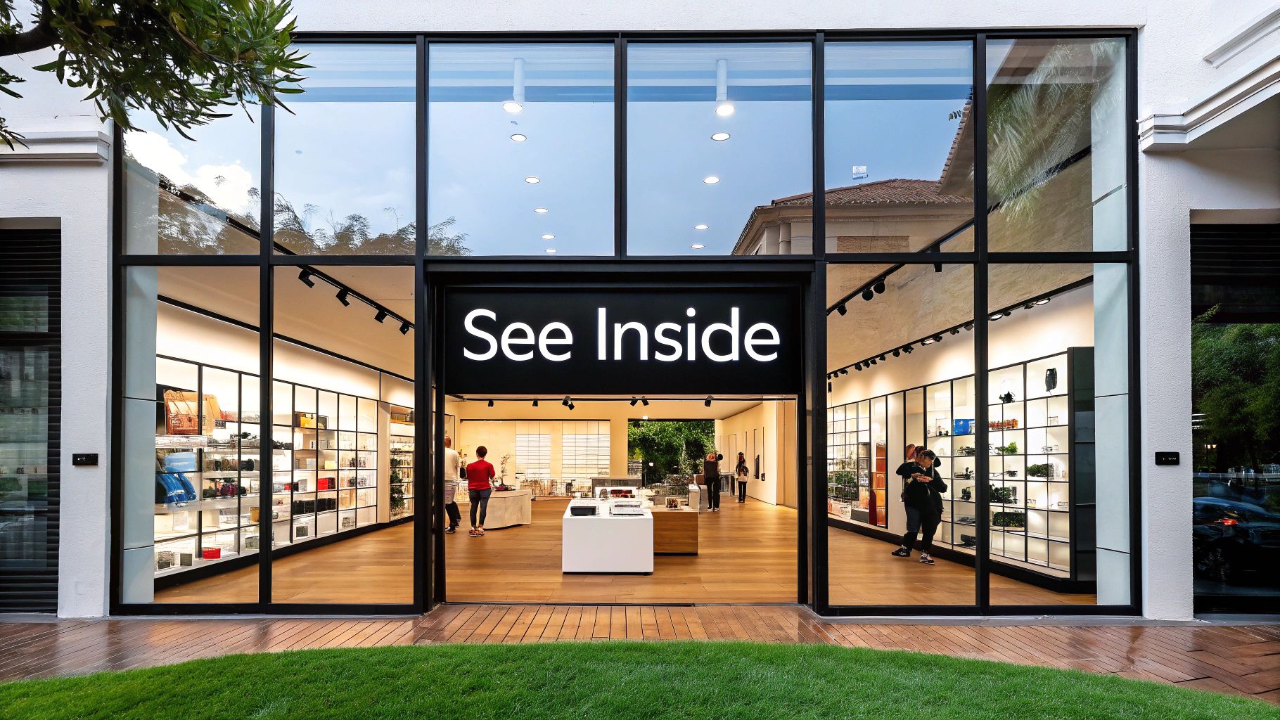 Modern retail storefront with large glass windows, a prominent "See Inside" sign, and various products displayed inside.