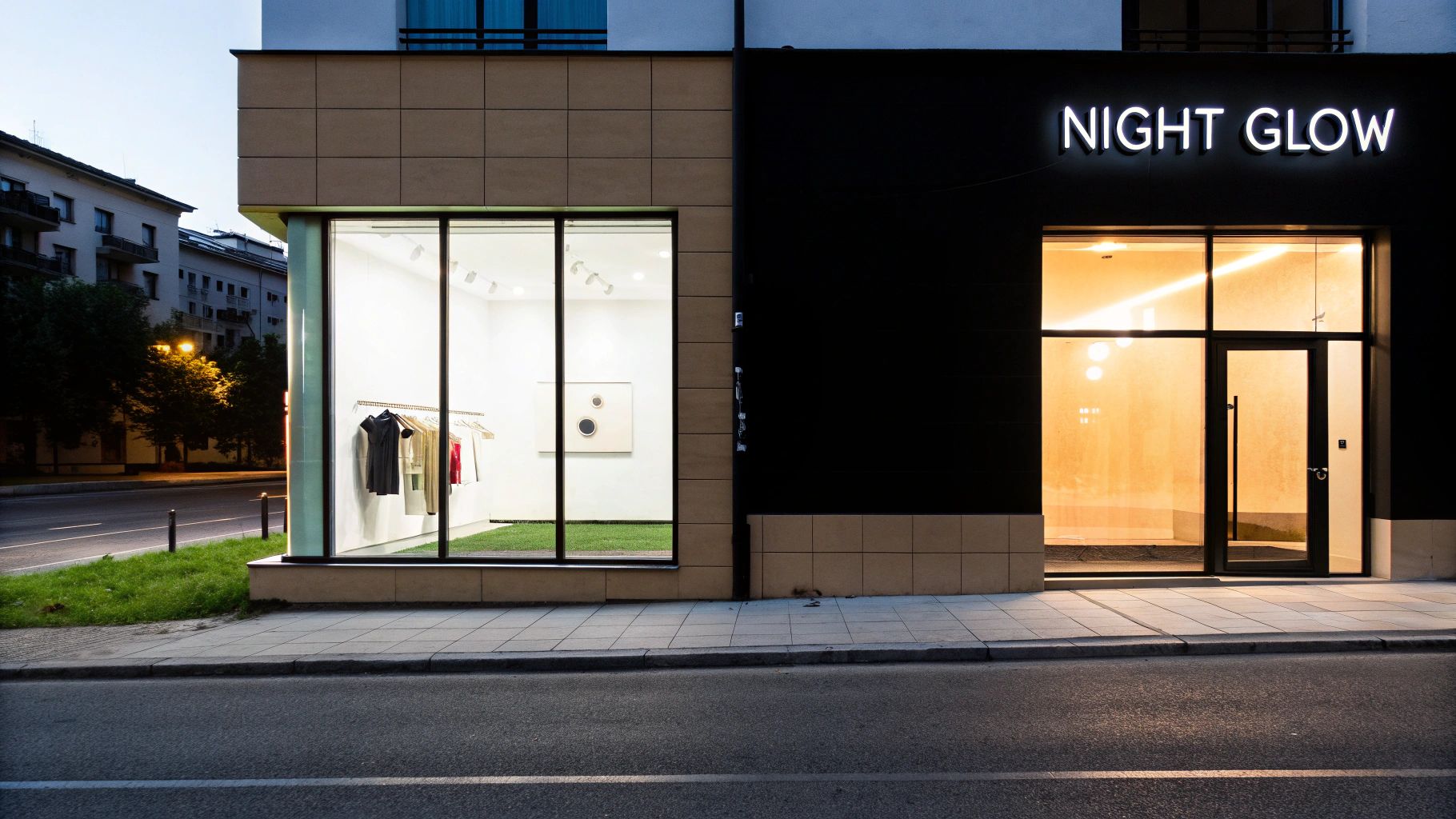 A modern storefront at night featuring a bright display window and a "NIGHT GLOW" sign.