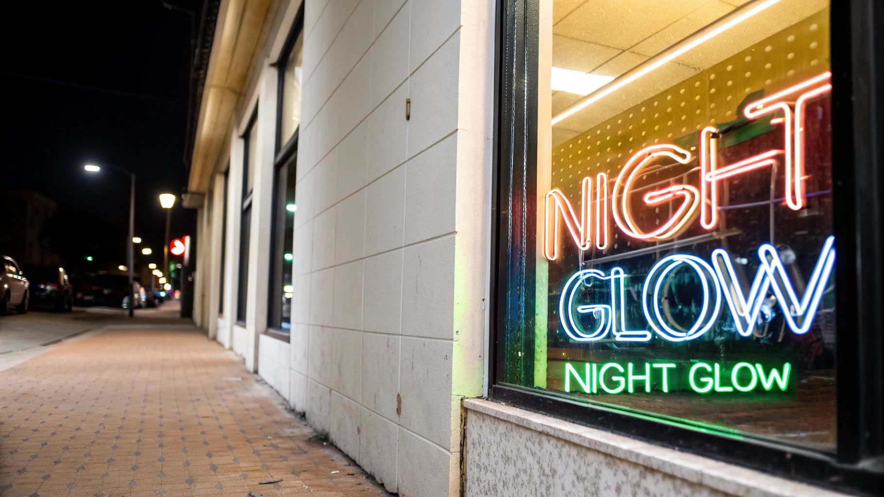 A vibrant neon sign for 'Night Glow' glows brightly in a storefront window at night.