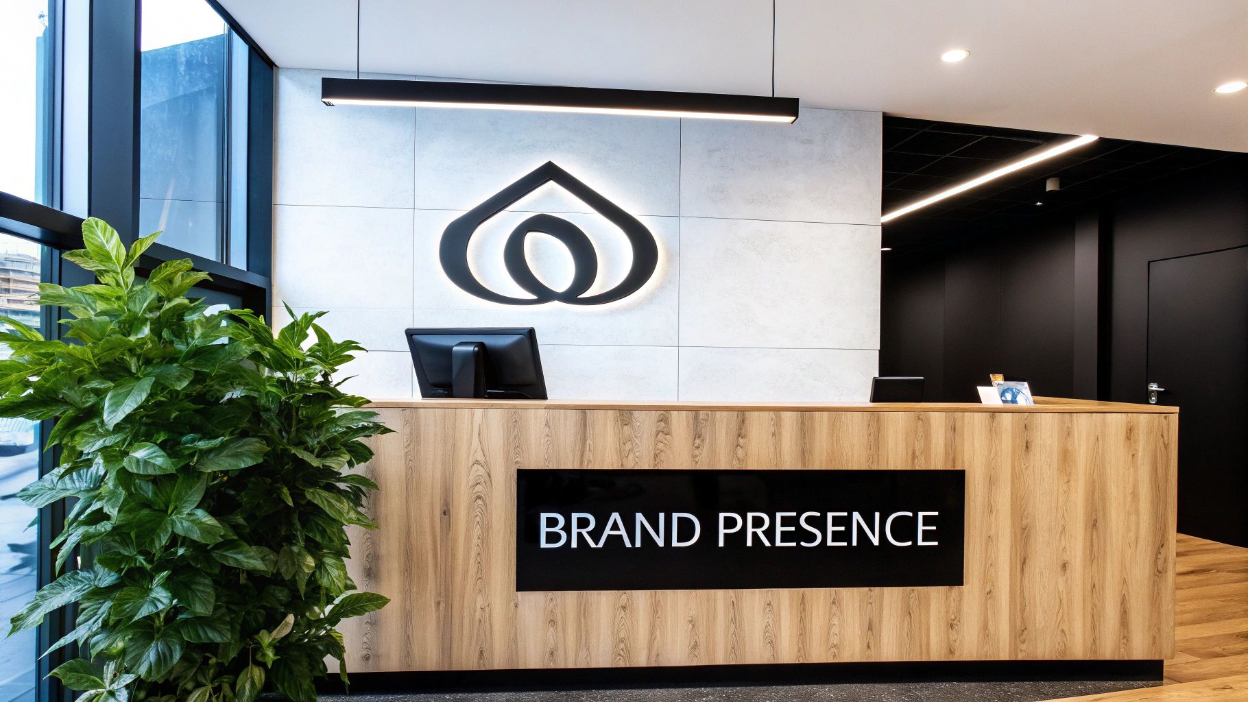 Modern reception desk with a 'BRAND PRESENCE' sign, glowing logo, monitors, and green plant.