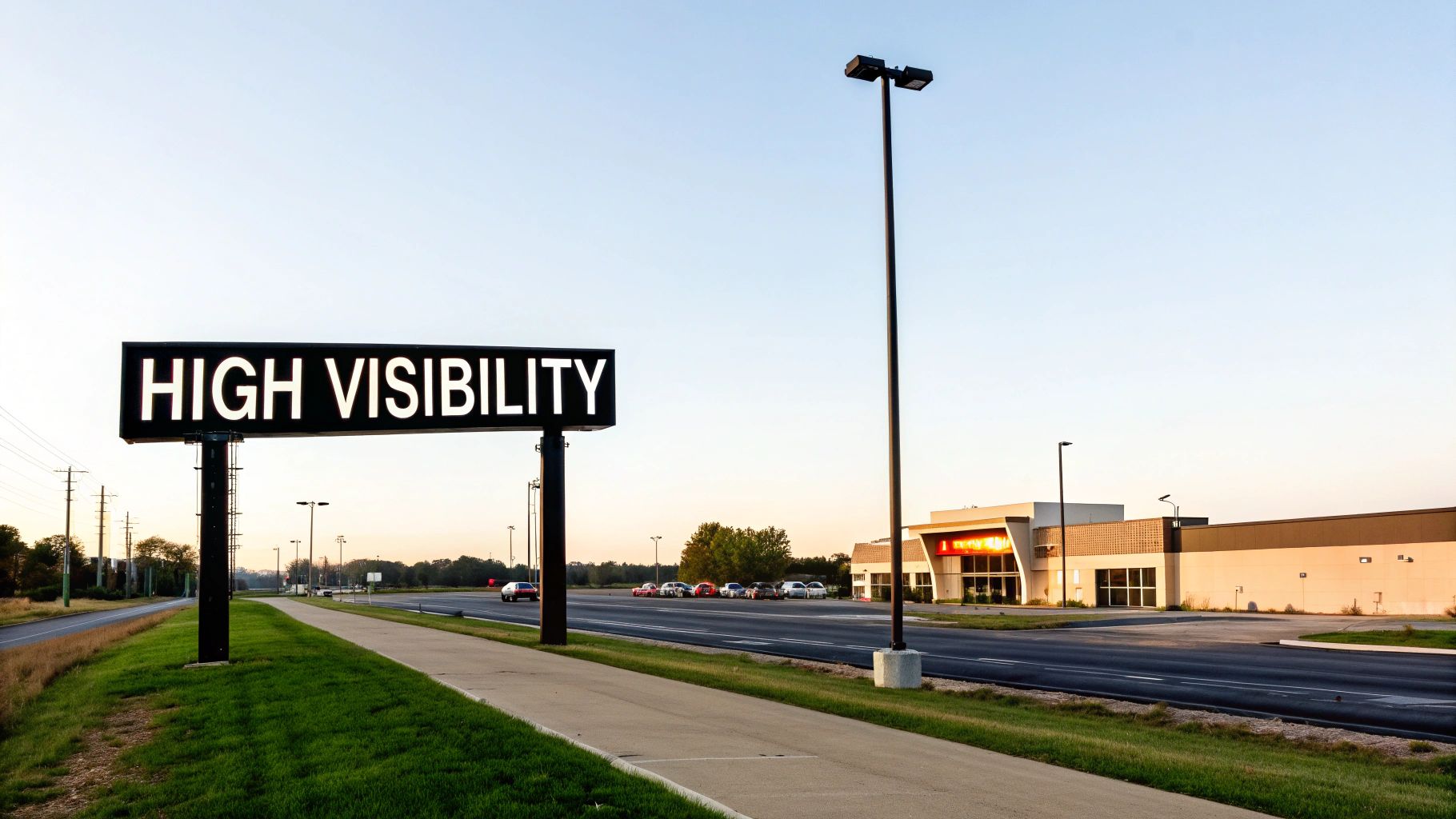 A prominent 'HIGH VISIBILITY' billboard stands alongside a road, with a commercial building and parking lot in the distance.