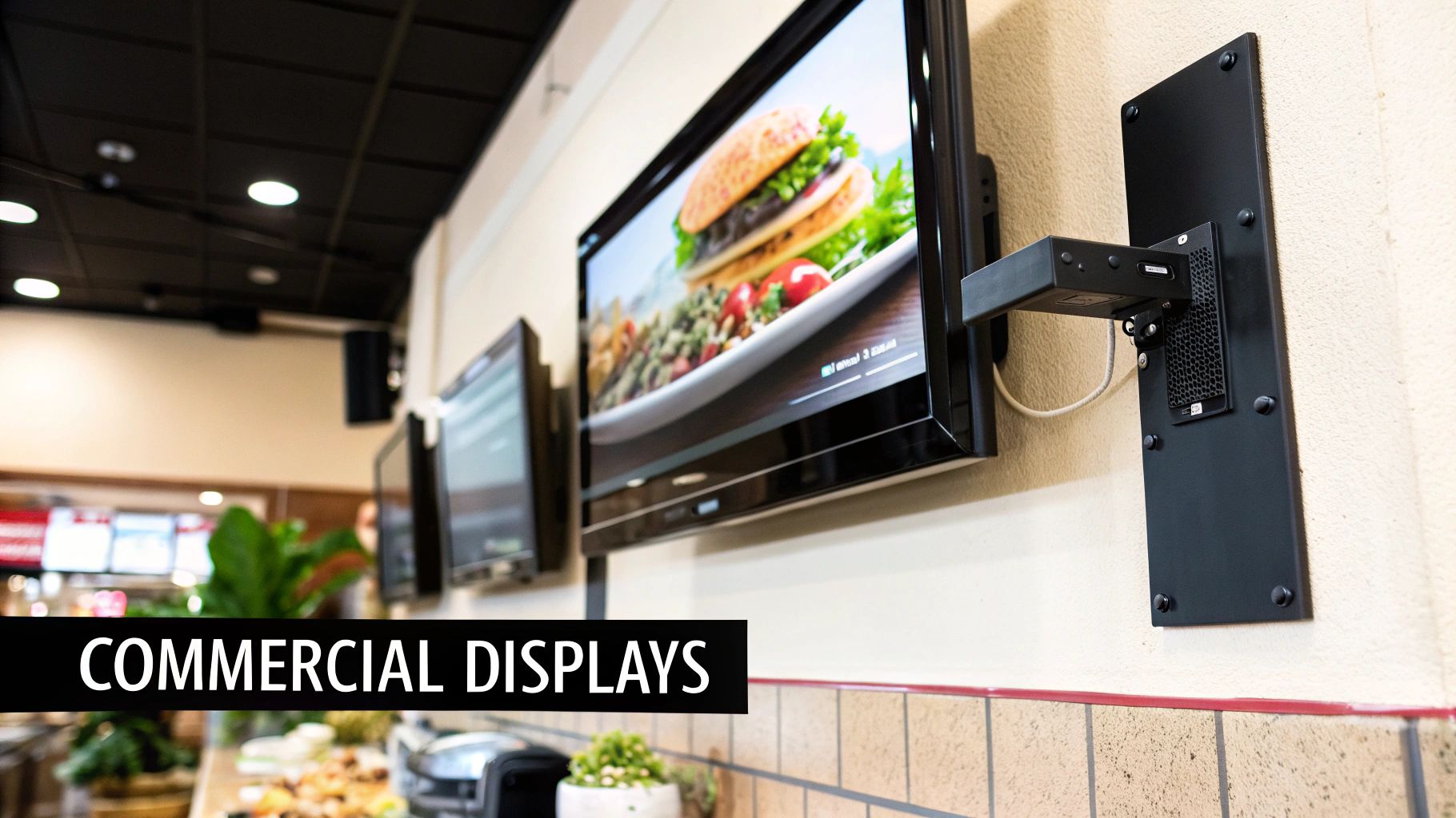 Three commercial displays mounted on a wall in a restaurant, prominently showing food items.