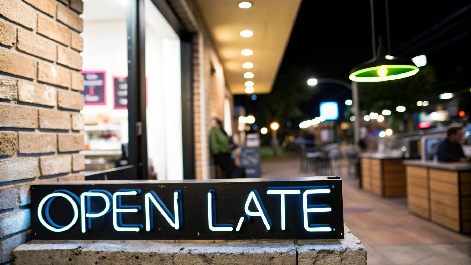 Illuminated neon open late sign outside restaurant storefront at night with blue glowing letters