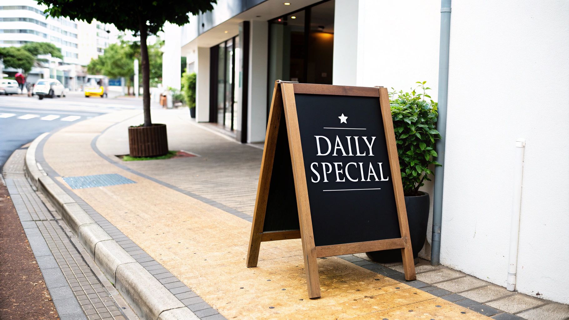 A black chalkboard 'DAILY SPECIAL' sign with white text stands on a city sidewalk outside a shop.