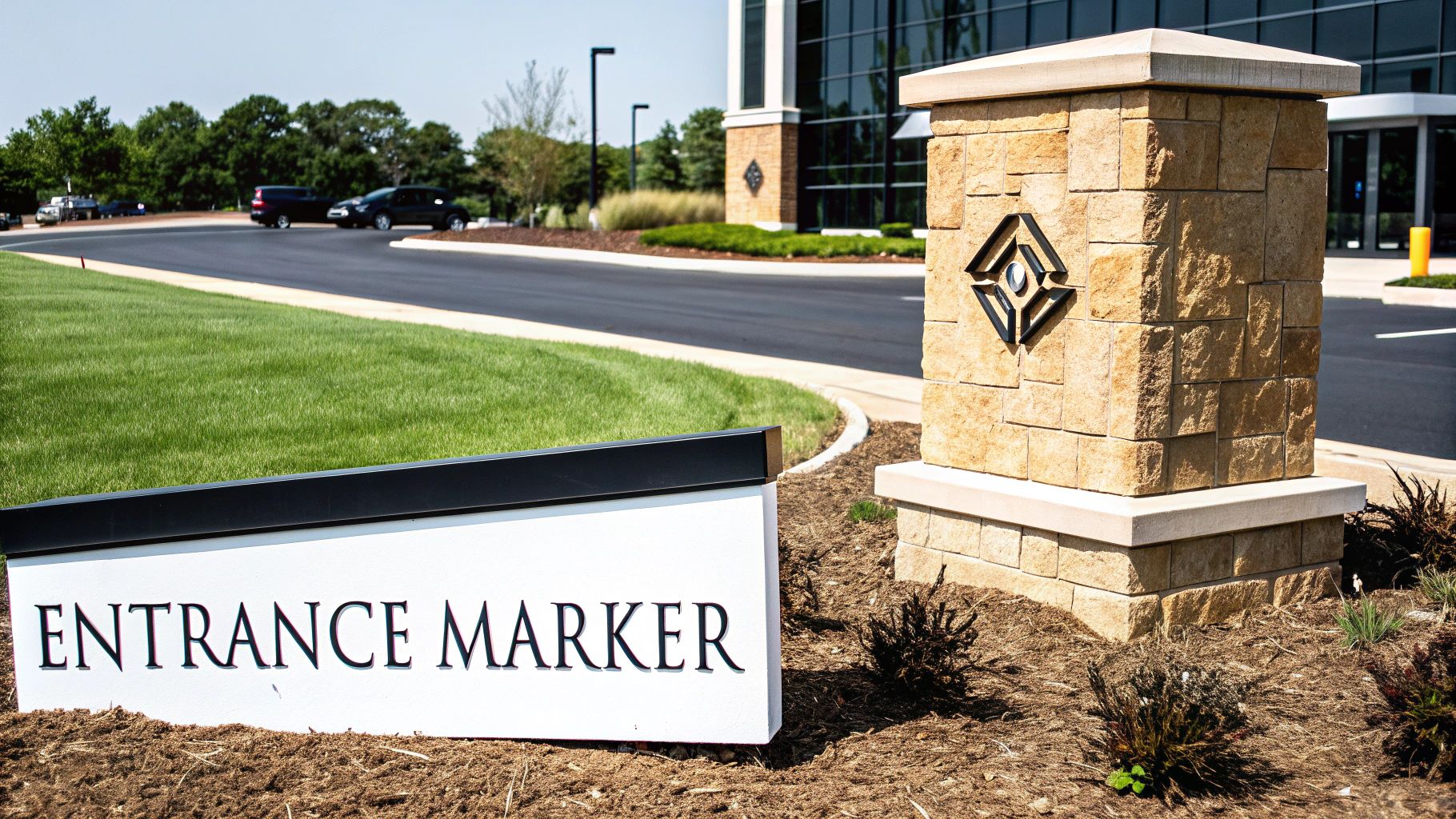 An entrance marker sign and a stone pillar with a logo outside a modern business building.
