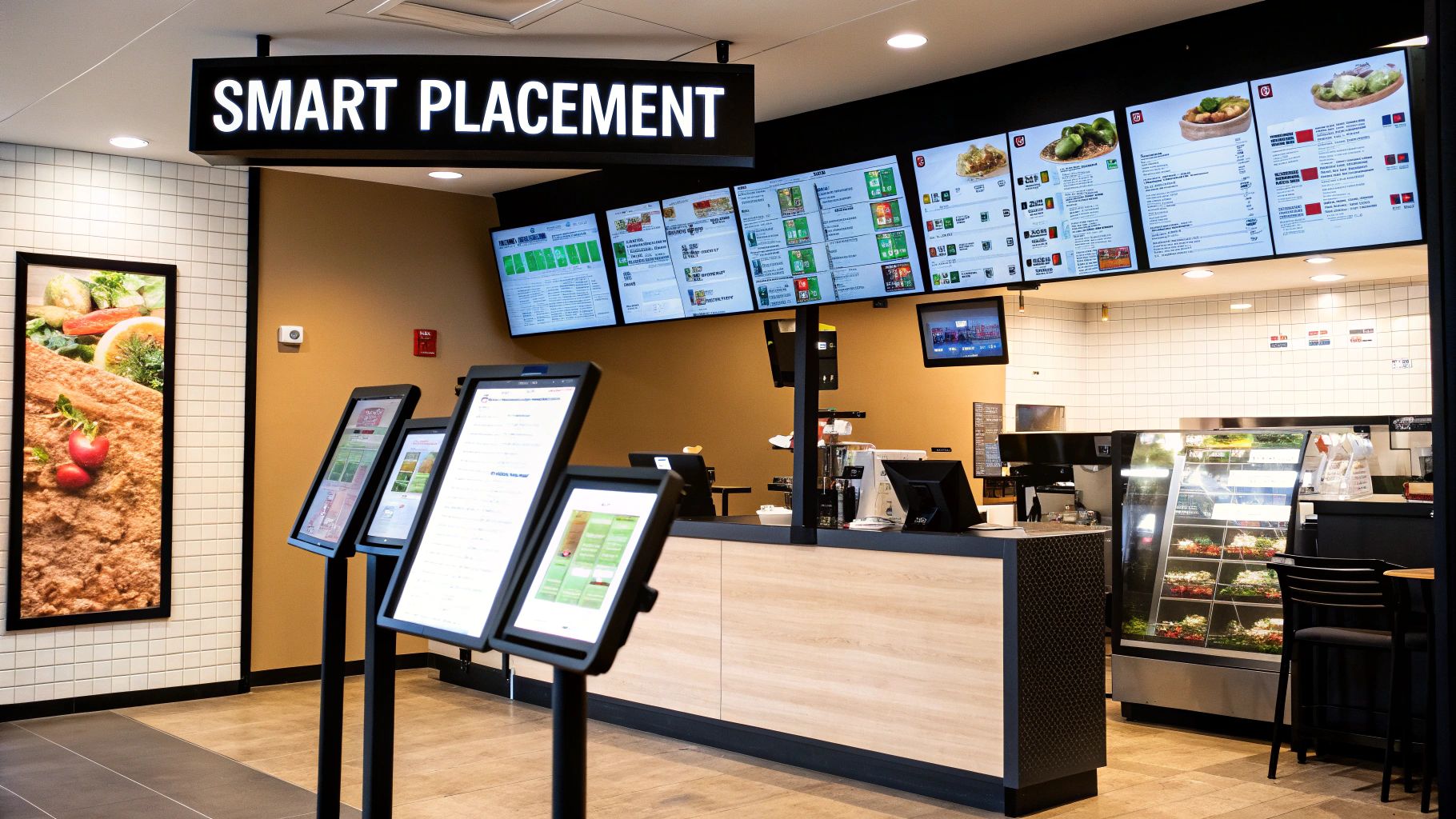 Digital signage and self-order kiosks in a modern restaurant, showing menus and fresh food.
