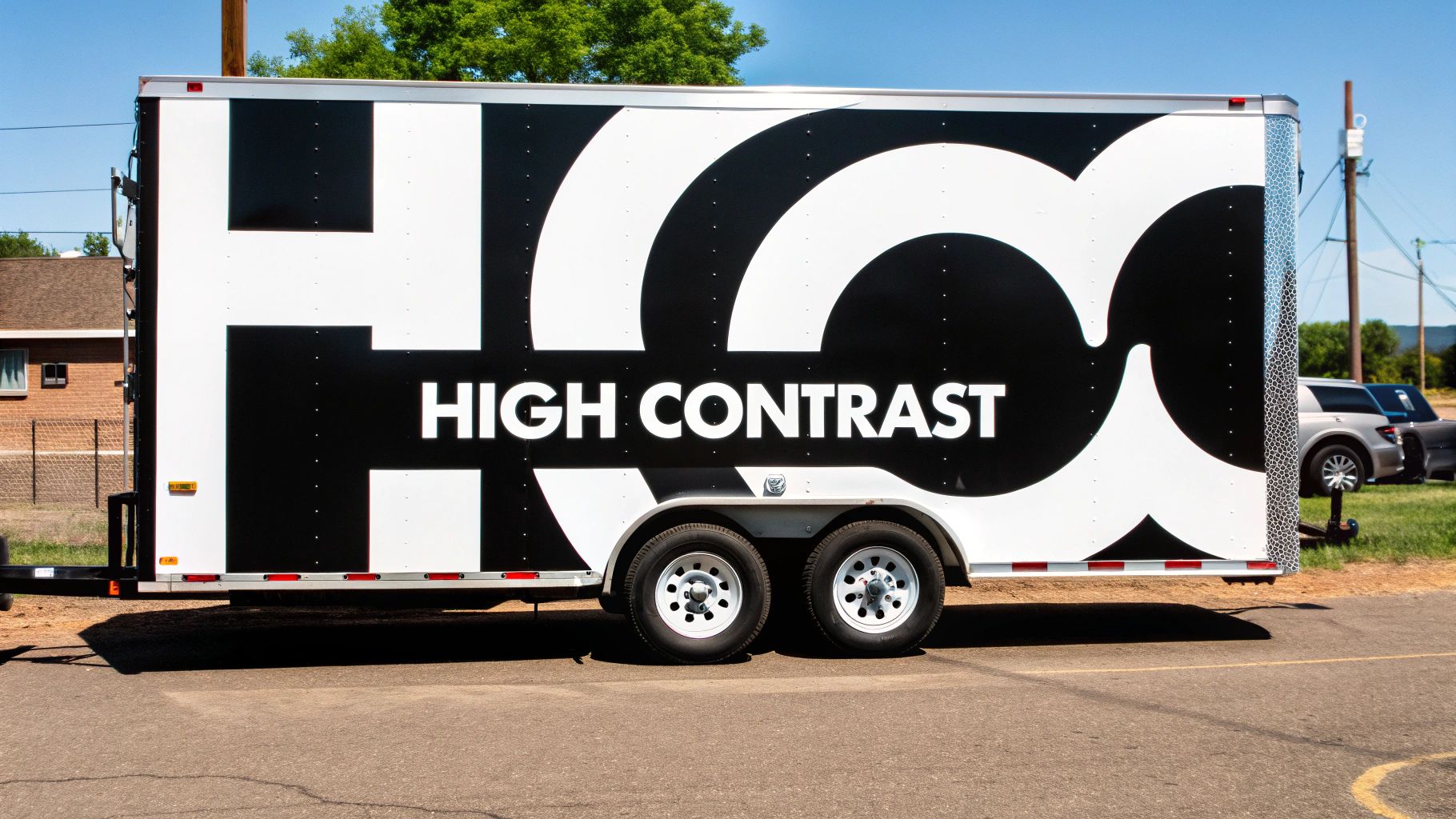 A commercial trailer parked in a lot, showing its compliance signage, including DOT numbers.