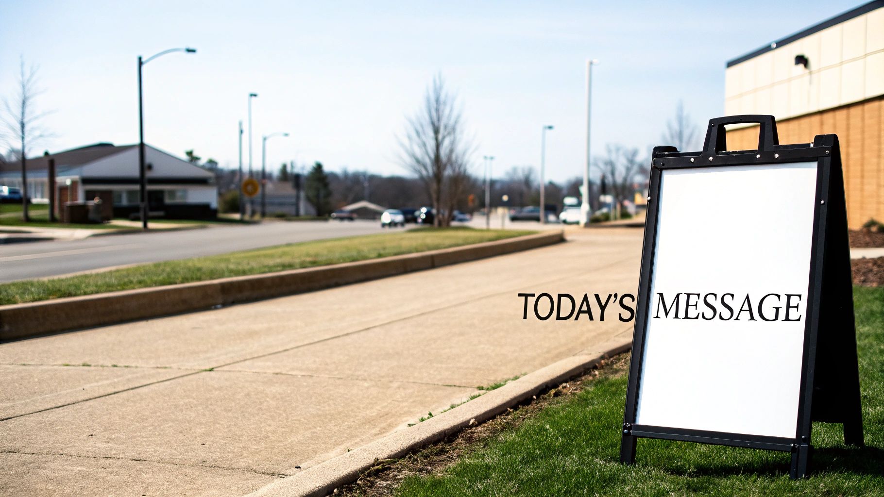 A black A-frame sign displaying 'TODAY'S MESSAGE' on green grass beside a paved walkway.