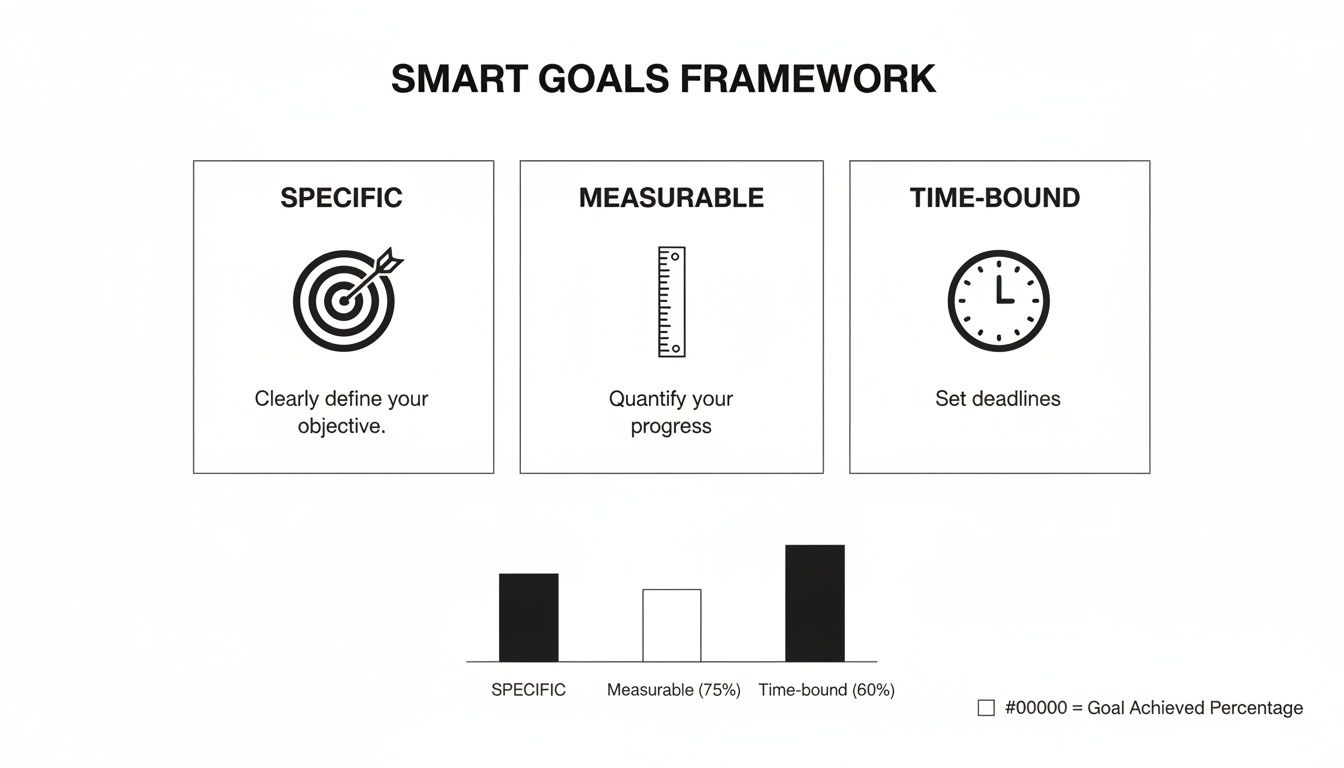 A SMART Goals framework infographic defining Specific, Measurable, and Time-bound objectives with achievement bars.