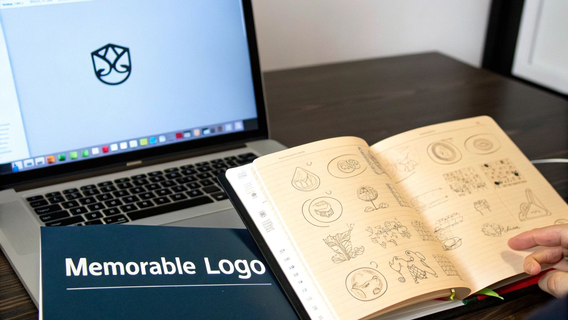 Close-up of a laptop showing a logo, a notebook with design sketches, and a 'Memorable Logo' book.