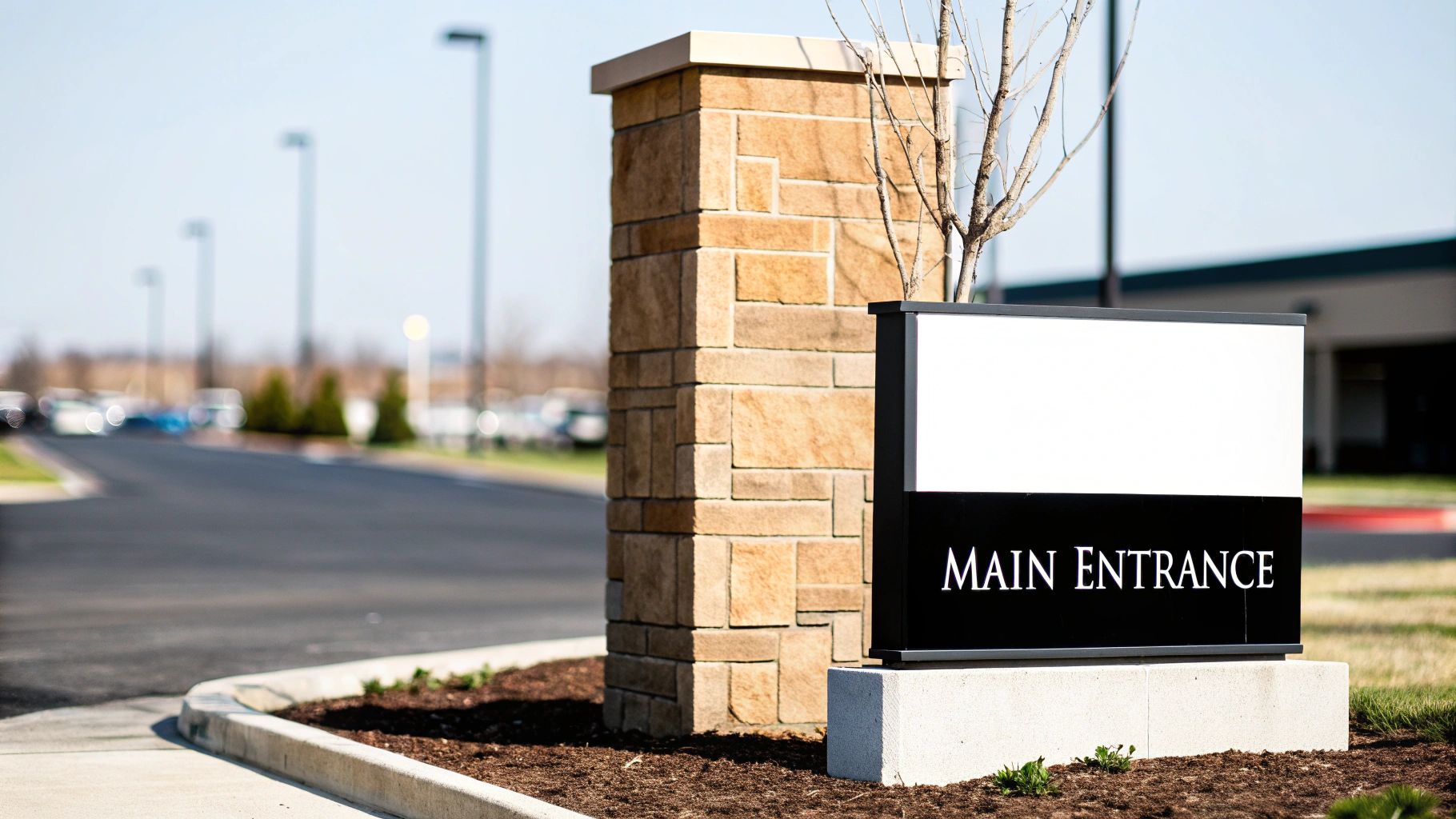 A black and white 'MAIN ENTRANCE' sign stands beside a stone pillar near a road entrance.