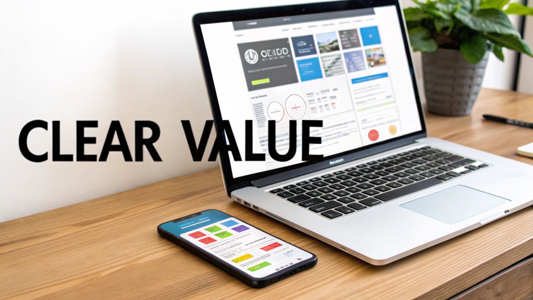 Laptop and smartphone on a wooden desk showing digital interfaces, emphasizing 'CLEAR VALUE'.