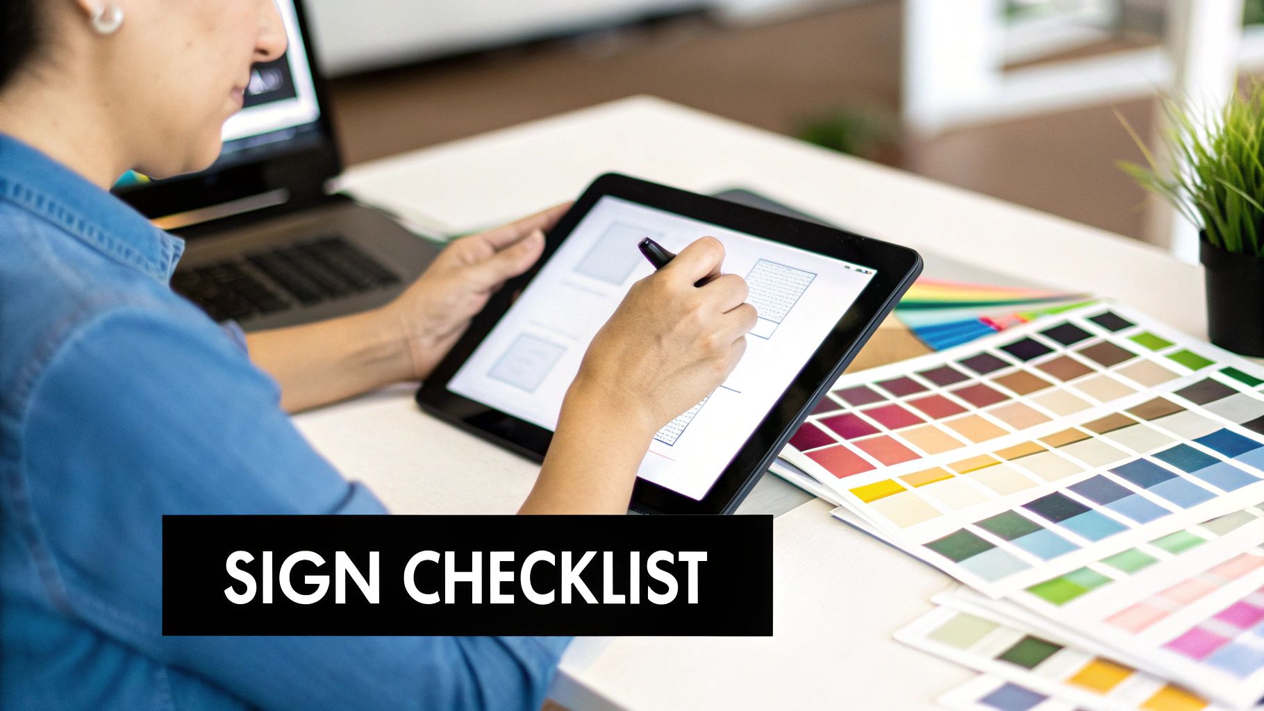 A graphic designer works on a tablet with a stylus, surrounded by color palettes and a laptop.