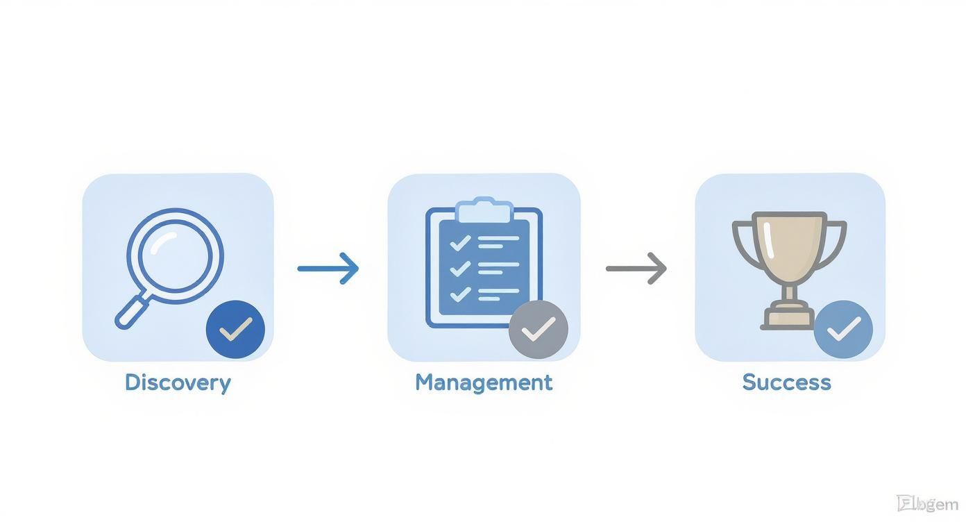 Diagram showing a project lifecycle: discovery, management, and success, with icons and checkmarks.
