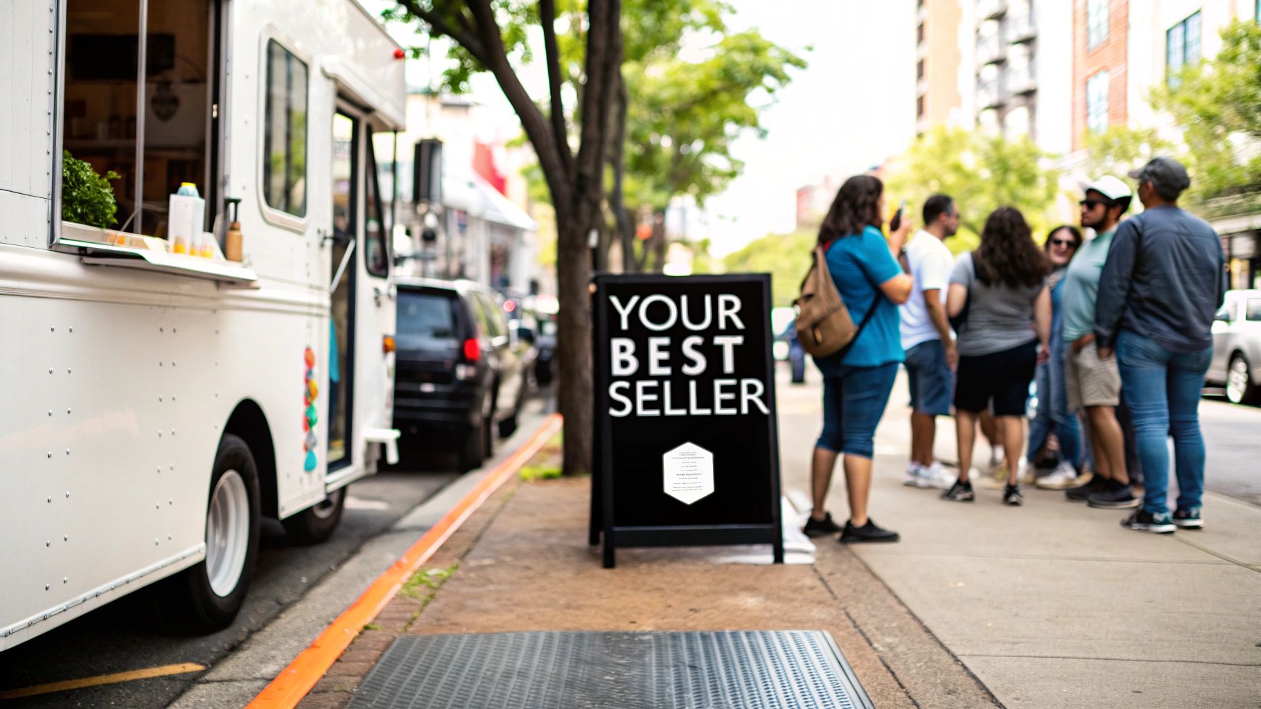 A vibrant food truck with clear, well-designed signage serving customers.
