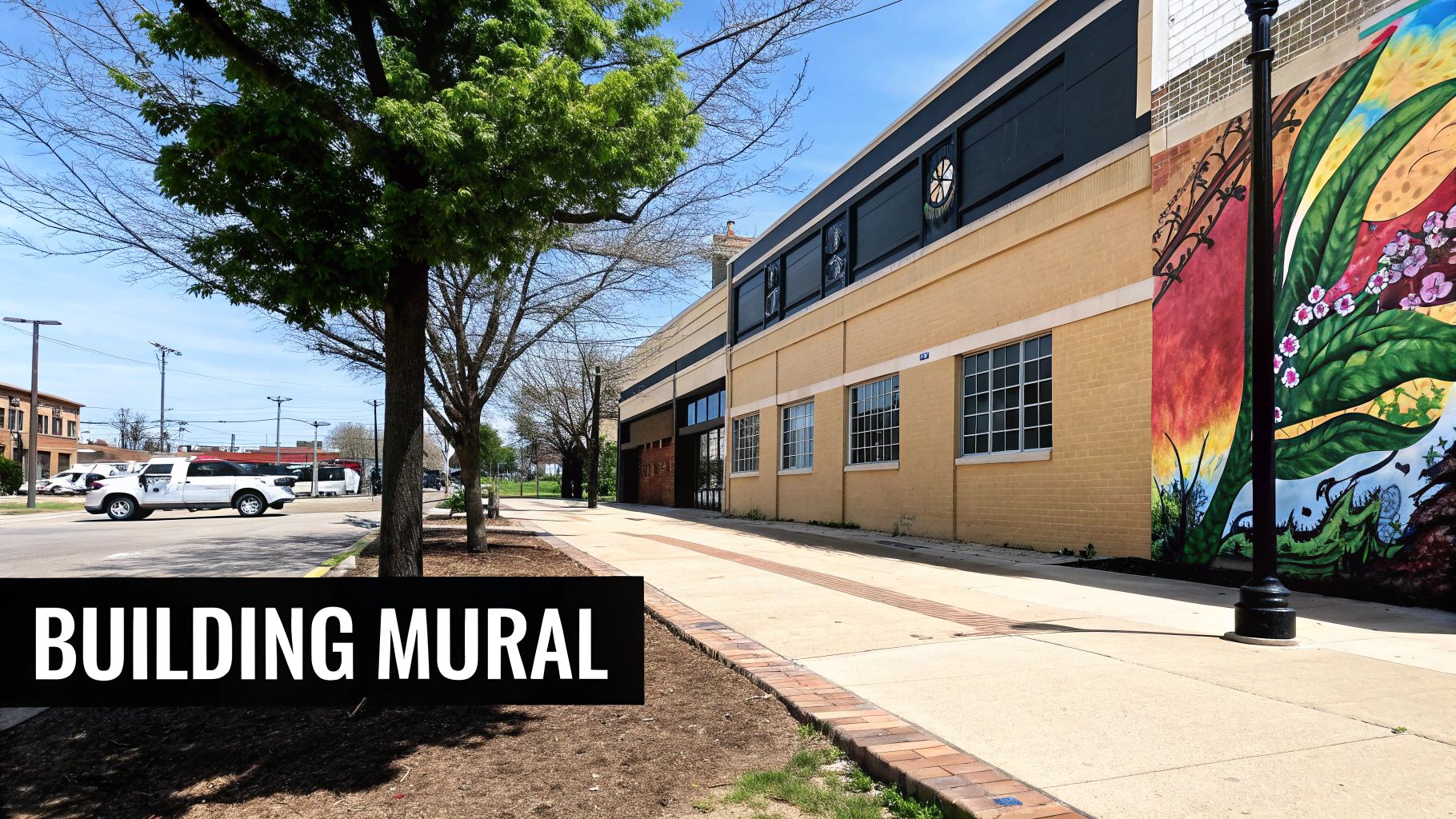 Exterior view of a yellow brick building featuring a vibrant floral mural and a sidewalk.