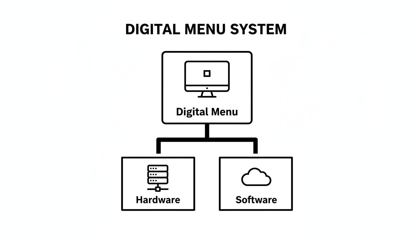 A diagram illustrates a digital menu system comprising a digital menu, hardware, and software components.