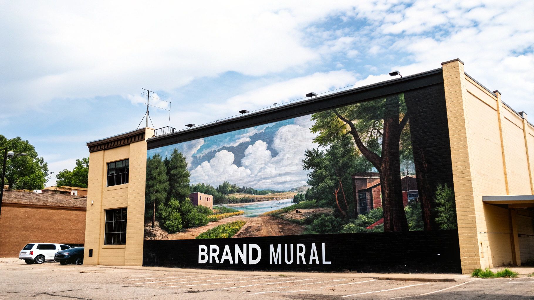 A large outdoor mural on a building depicts a scenic landscape with a river, trees, and clouds. The text 'BRAND MURAL' is written below it.