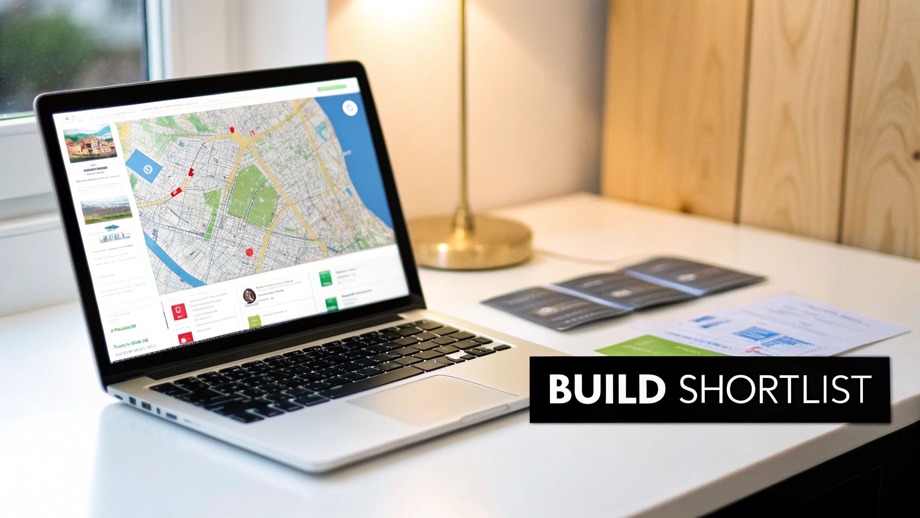 Laptop displaying a city map with pins and information, alongside documents on a white desk.