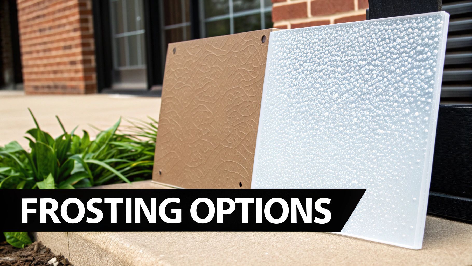 Two acrylic panels demonstrating different frosting options: one with a tan swirly texture, another with a bubbly white frost.