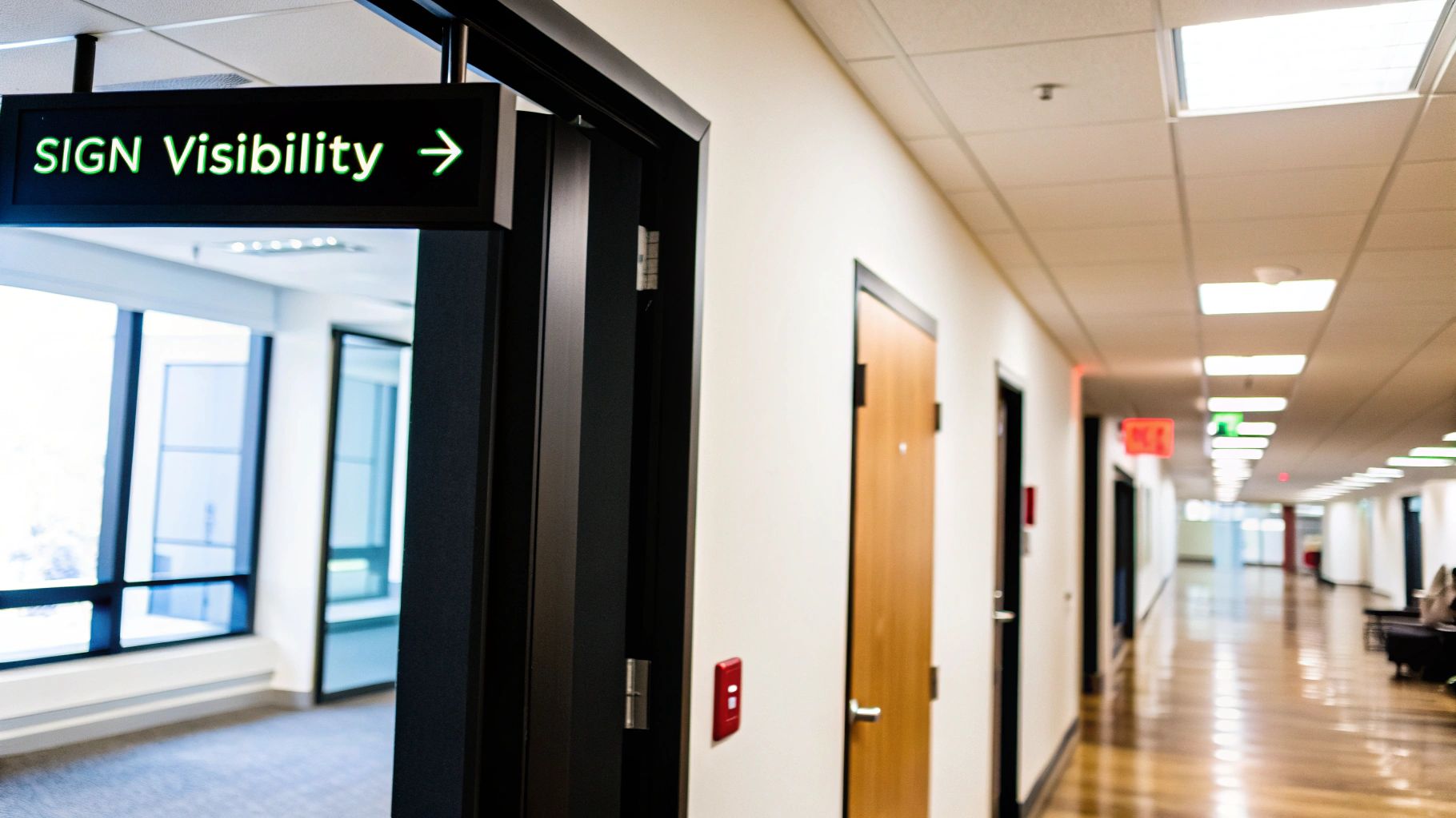A person looking at a bright green emergency exit sign in a hallway.