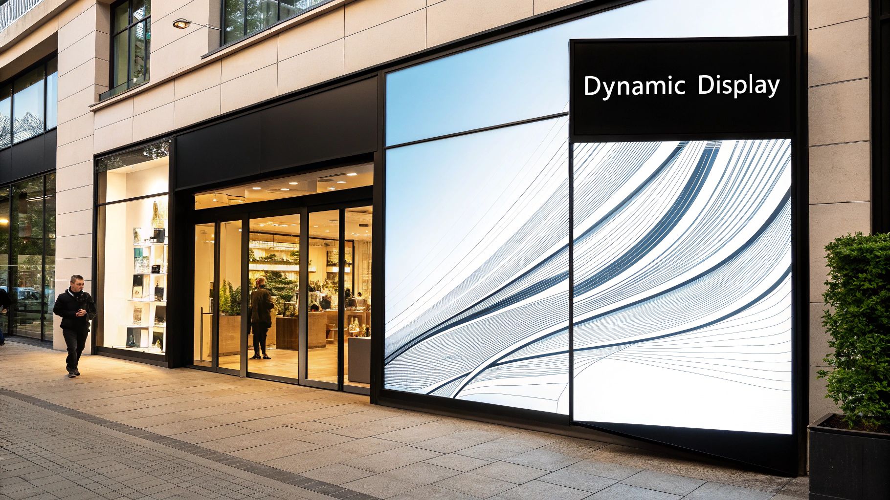 A modern building facade featuring large, bright digital displays and a storefront with shoppers.