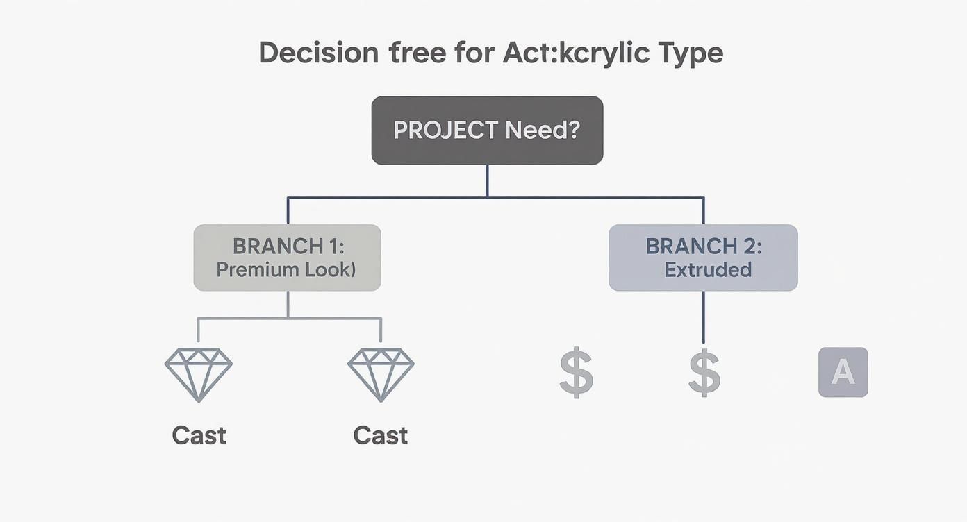 A decision tree diagram illustrating choices for acrylic type based on project needs and look.