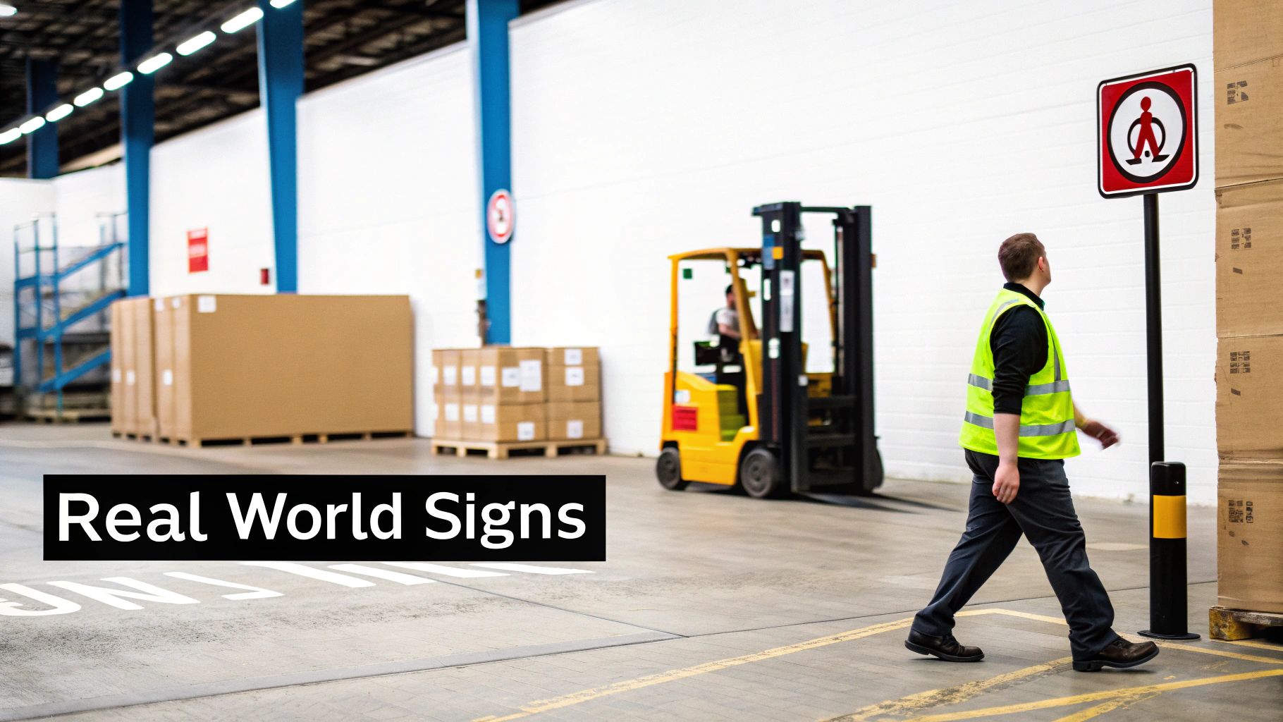 A worker in a high-vis vest walks past a "No Riders" sign in a busy warehouse.