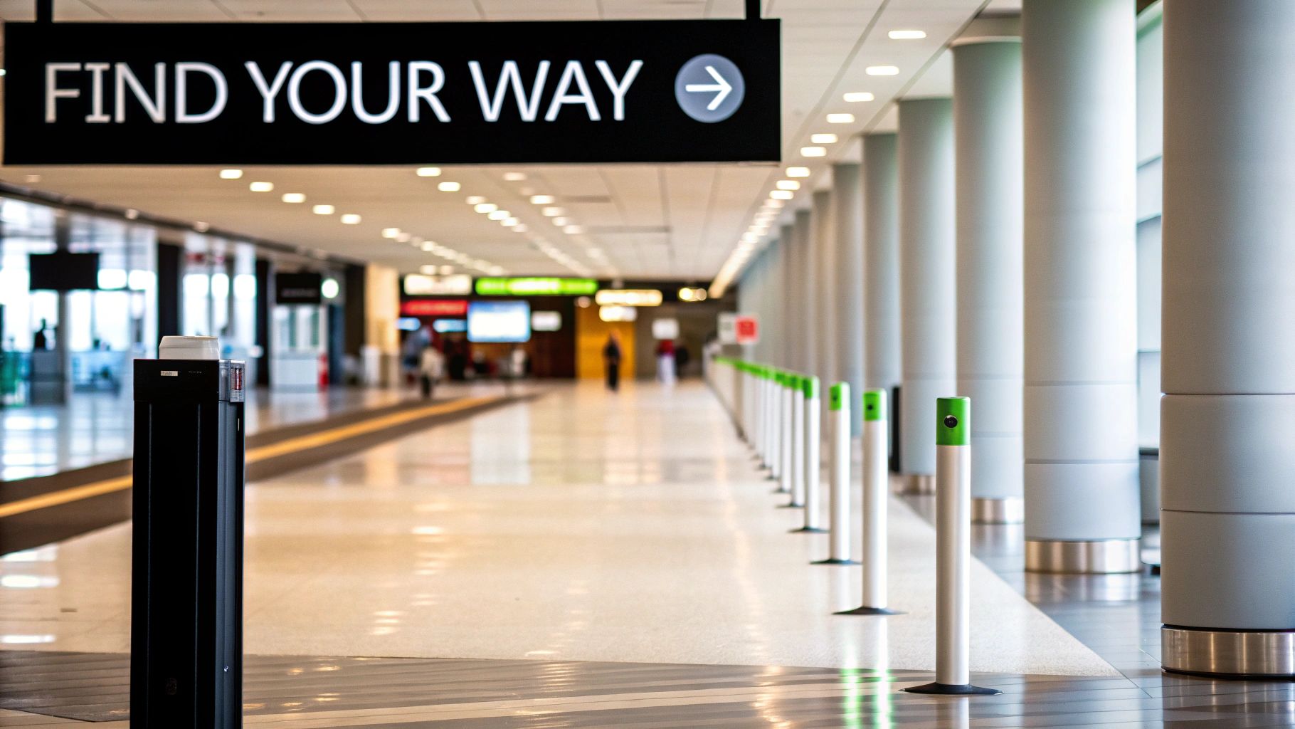 Overhead 'FIND YOUR WAY' sign in a modern airport terminal with columns and green-topped bollards.
