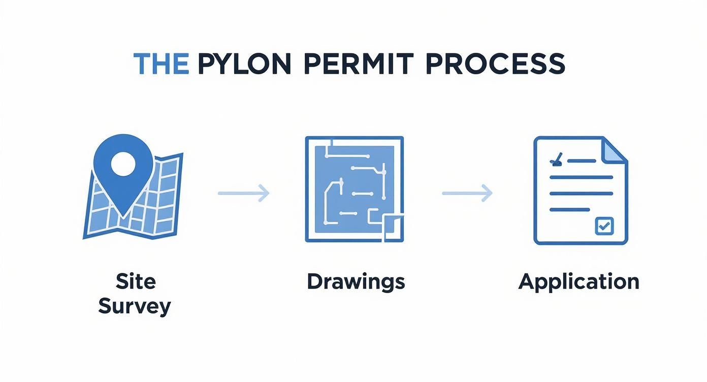 Infographic detailing the pylon permit process, showing steps for site survey, drawings, and application.