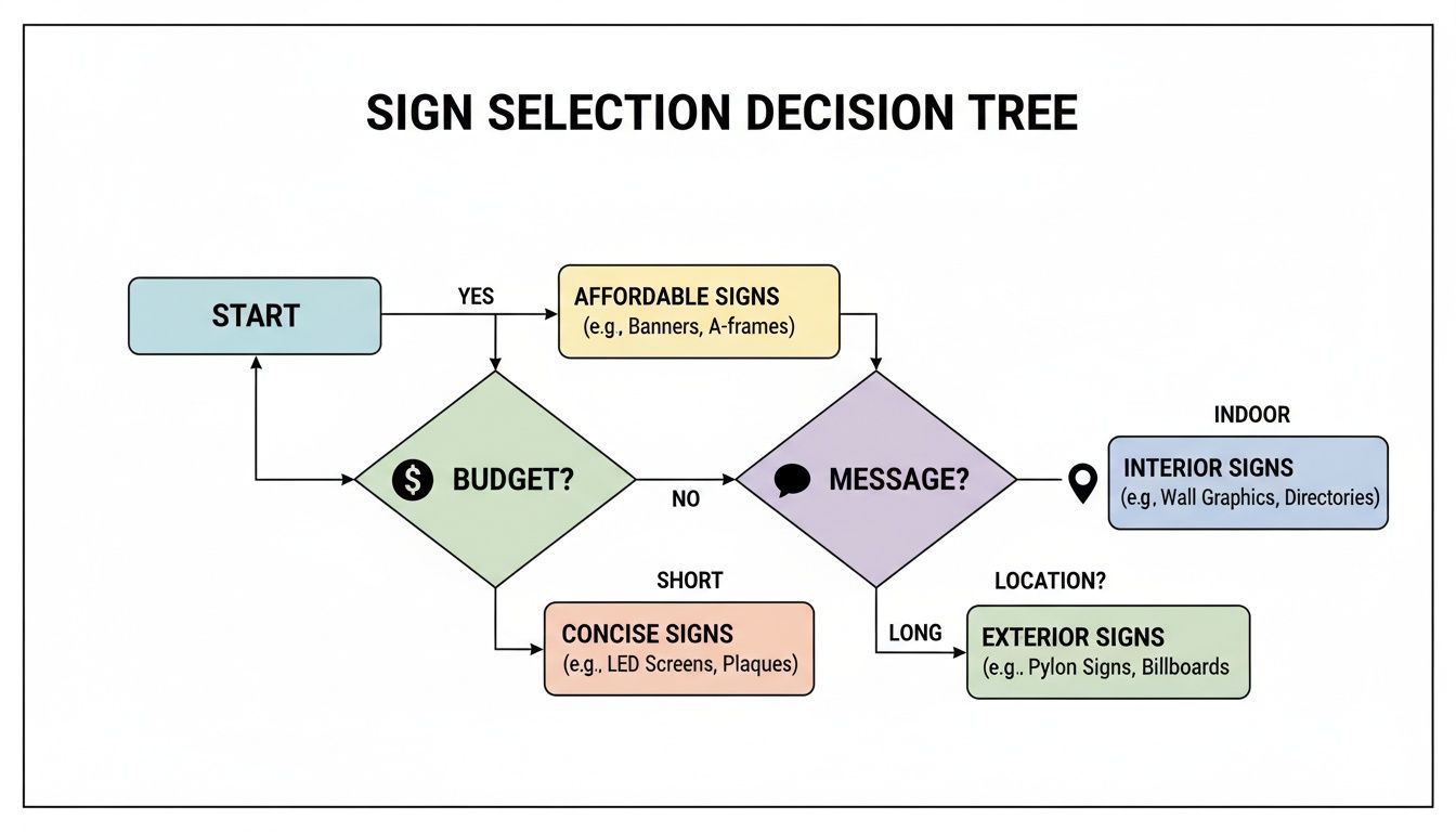 A flowchart decision tree for sign selection based on budget, message length, and location.