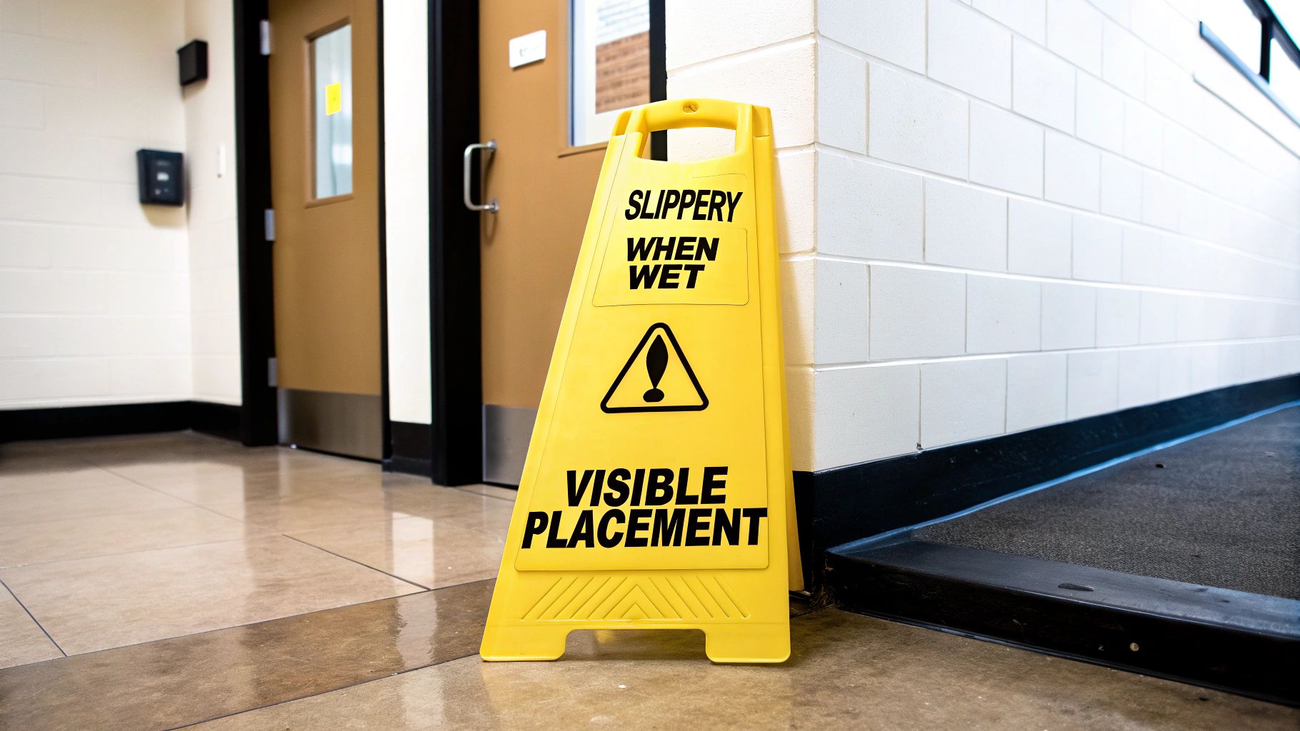 A safety warning sign for a wet floor is strategically placed on a clean, tiled surface to maximize visibility.