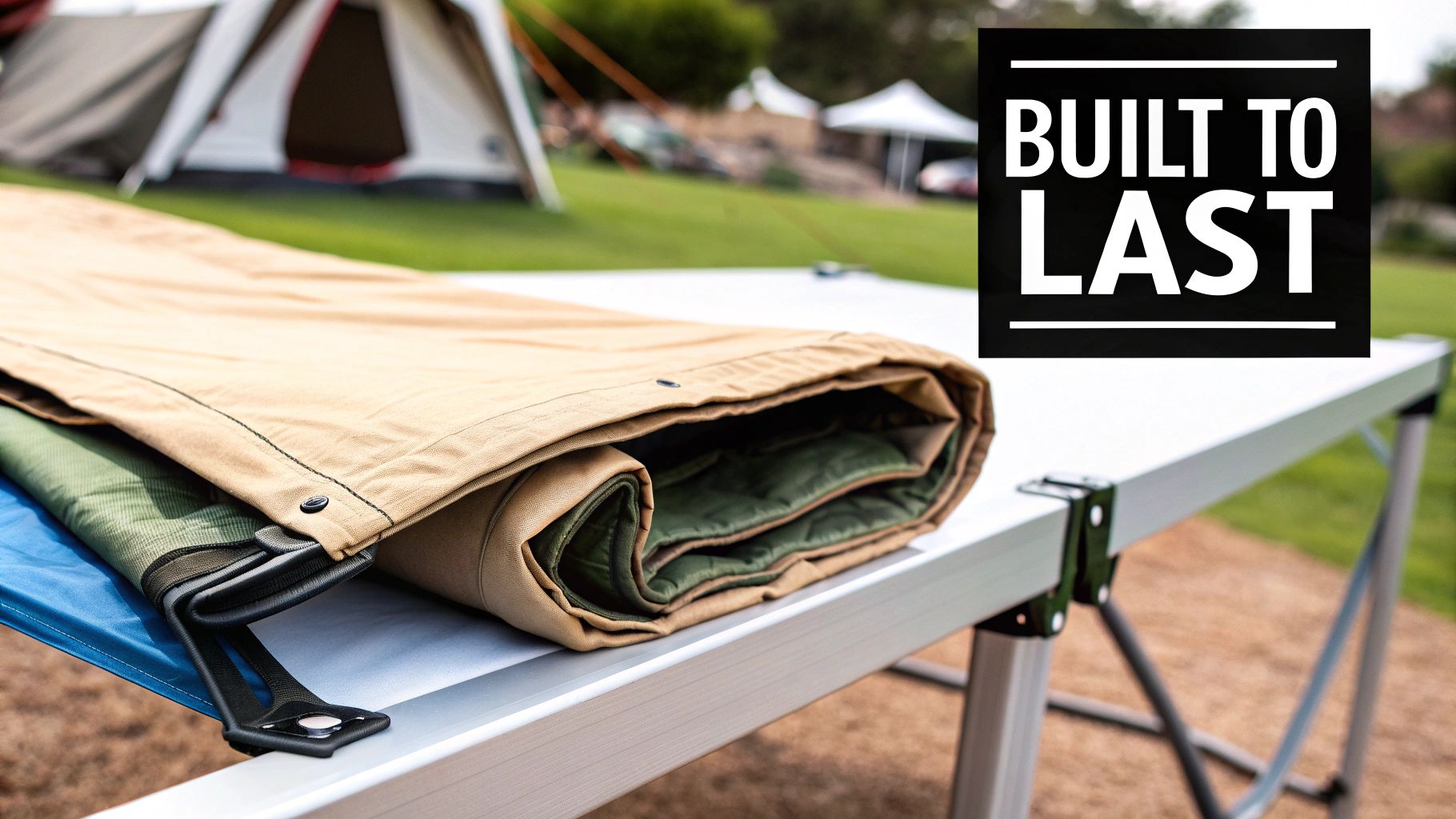 A rolled-up tan tent or sleeping mat on a white folding table at a campsite with text "Built to Last".