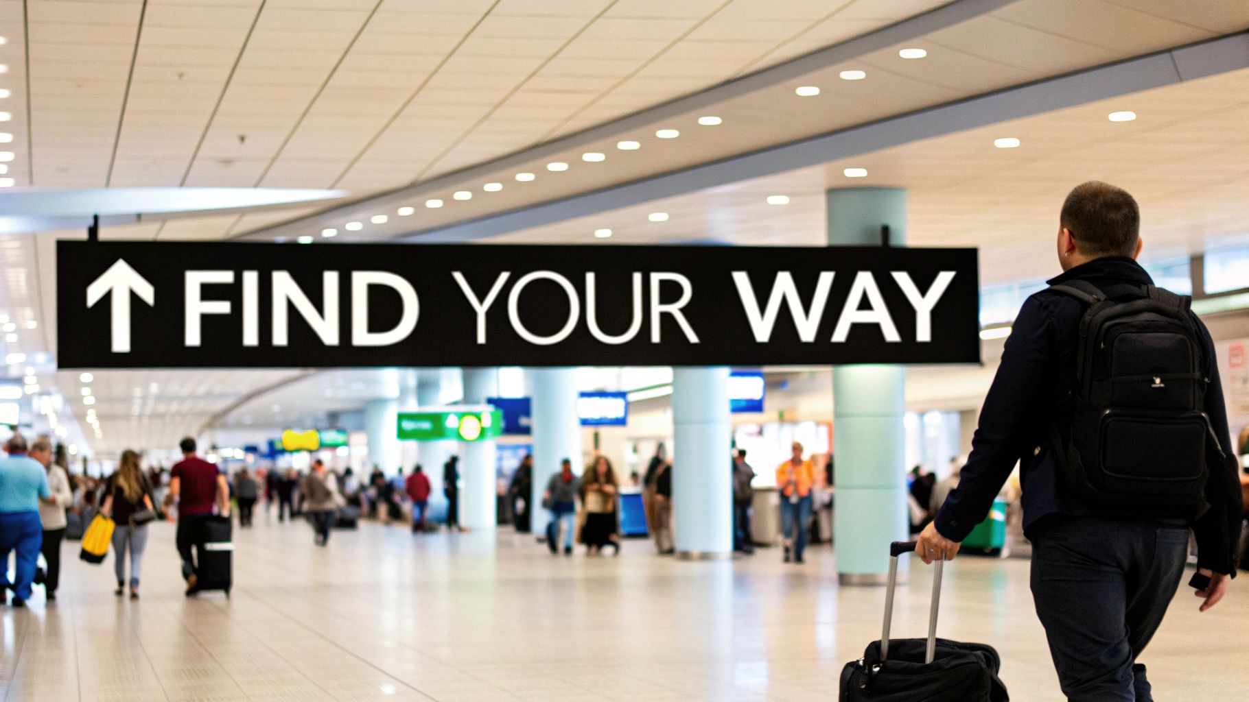 A directional wayfinding sign inside a modern building, pointing to different floors and departments.