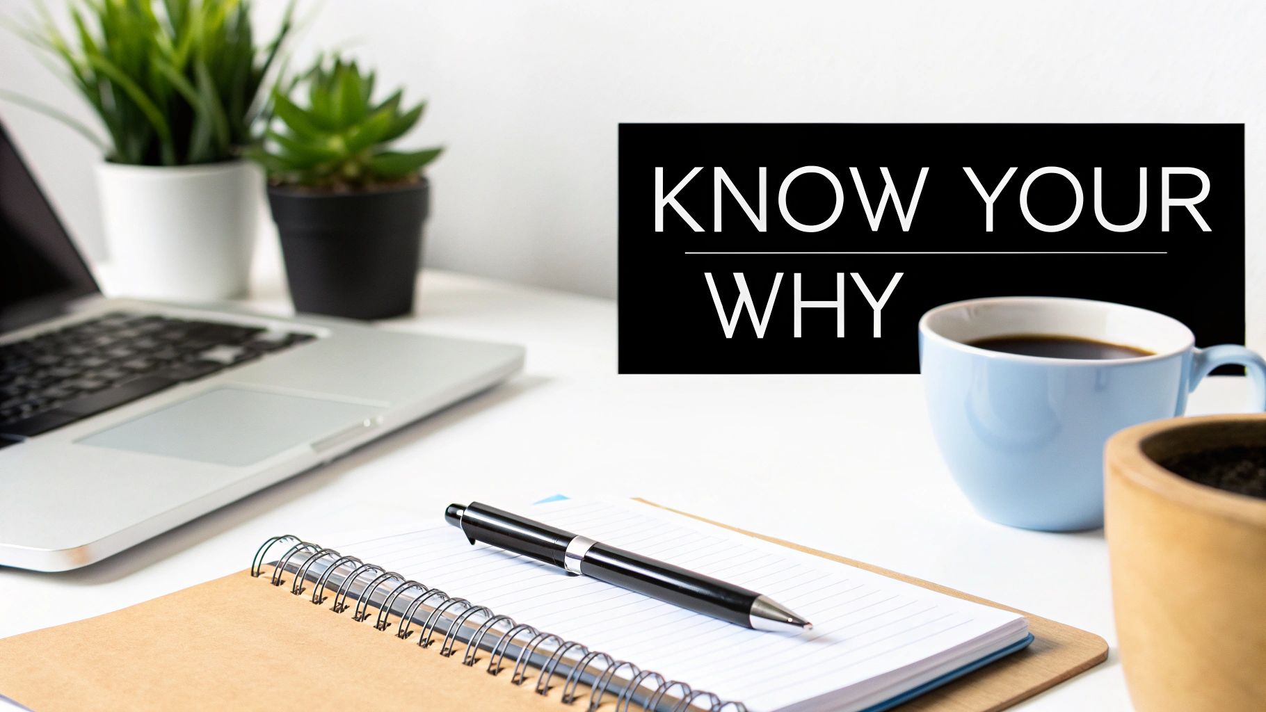 A clean desk setup with a laptop, plants, coffee, notebook, and a 'KNOW YOUR WHY' sign.