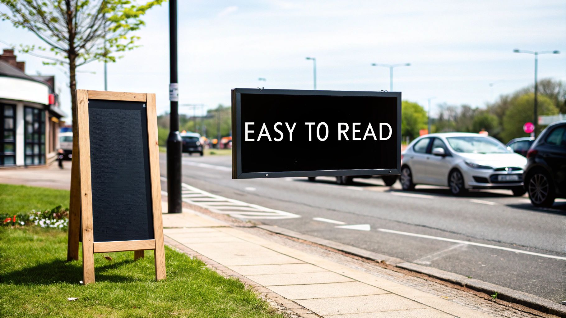Two outdoor signs, a wooden chalkboard and a digital screen displaying 'EASY TO READ', by a busy road.