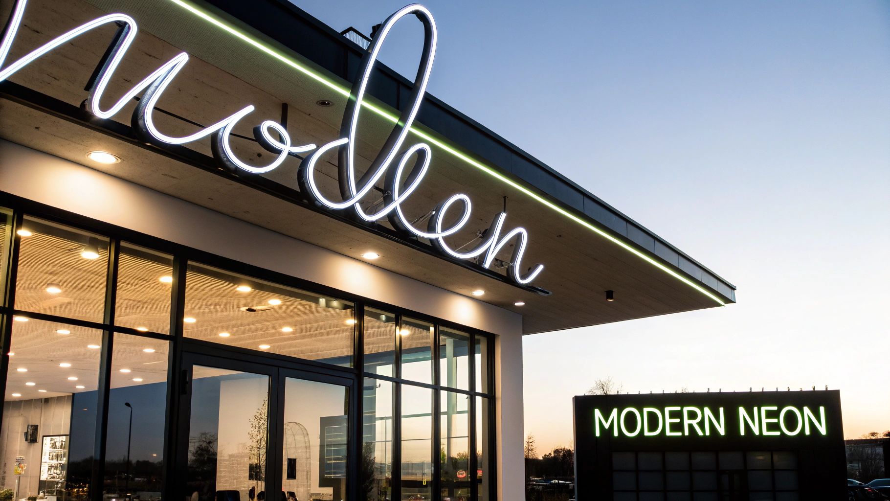Modern building exterior with bright white and green 'Modern Neon' signs at dusk.