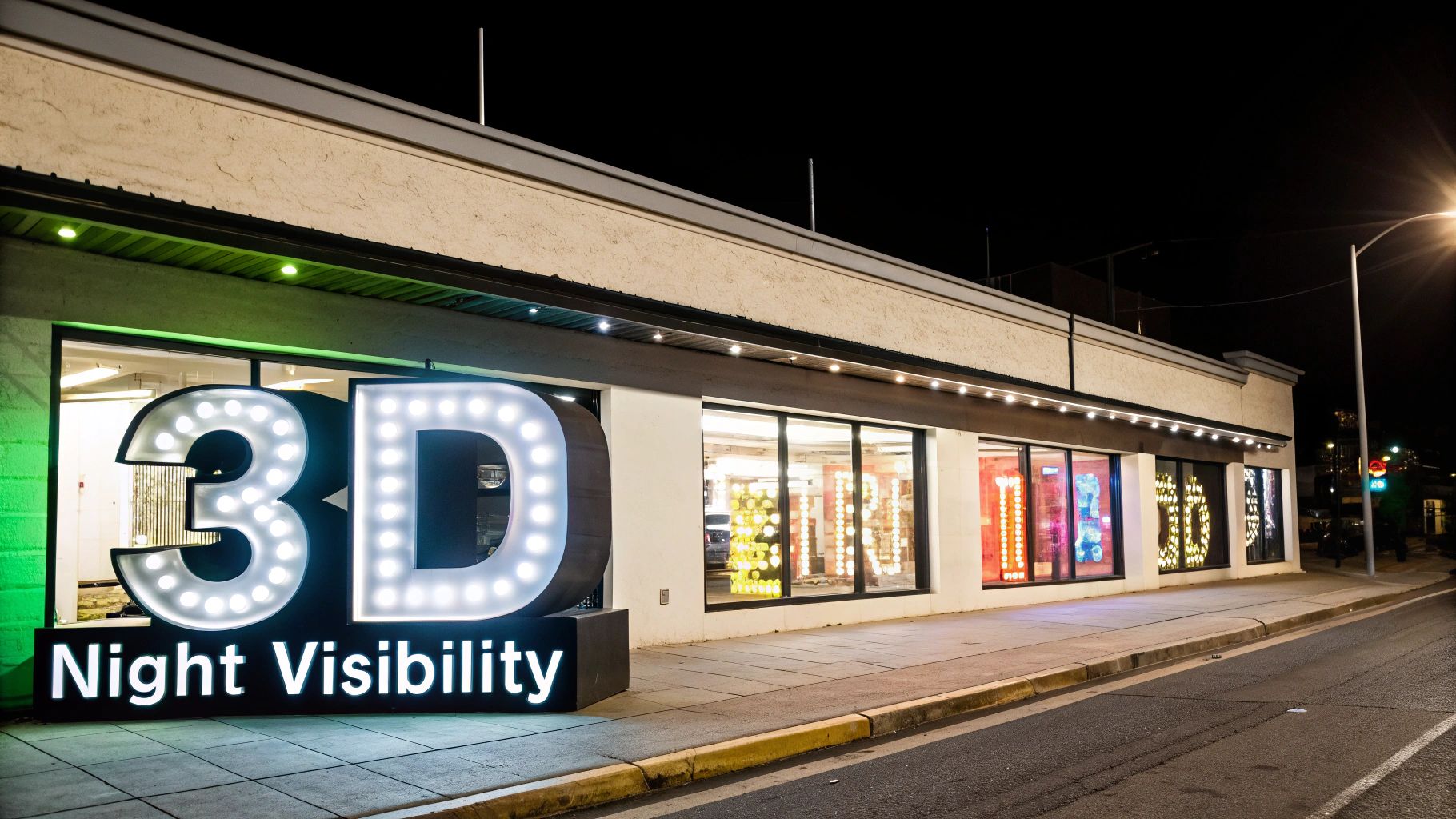 A 3D letter sign with backlighting, creating a halo effect around the letters at night.