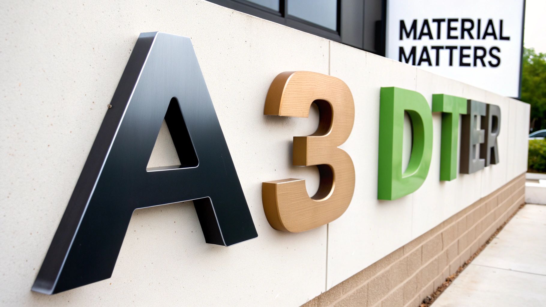 Close-up of a brushed metal 3d letter sign
