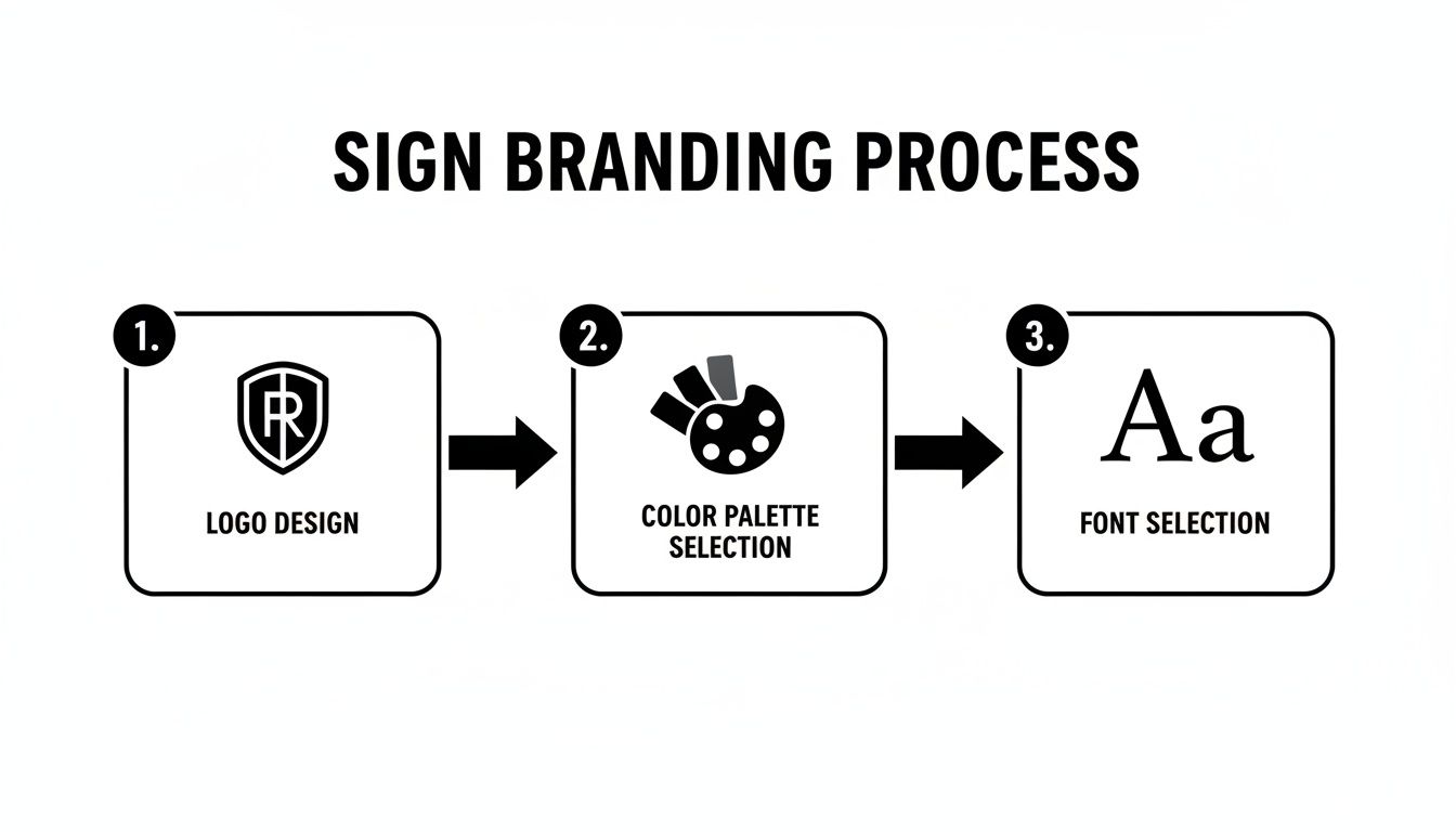 A graphic illustrating the three-step sign branding process: logo design, color palette selection, and font selection.