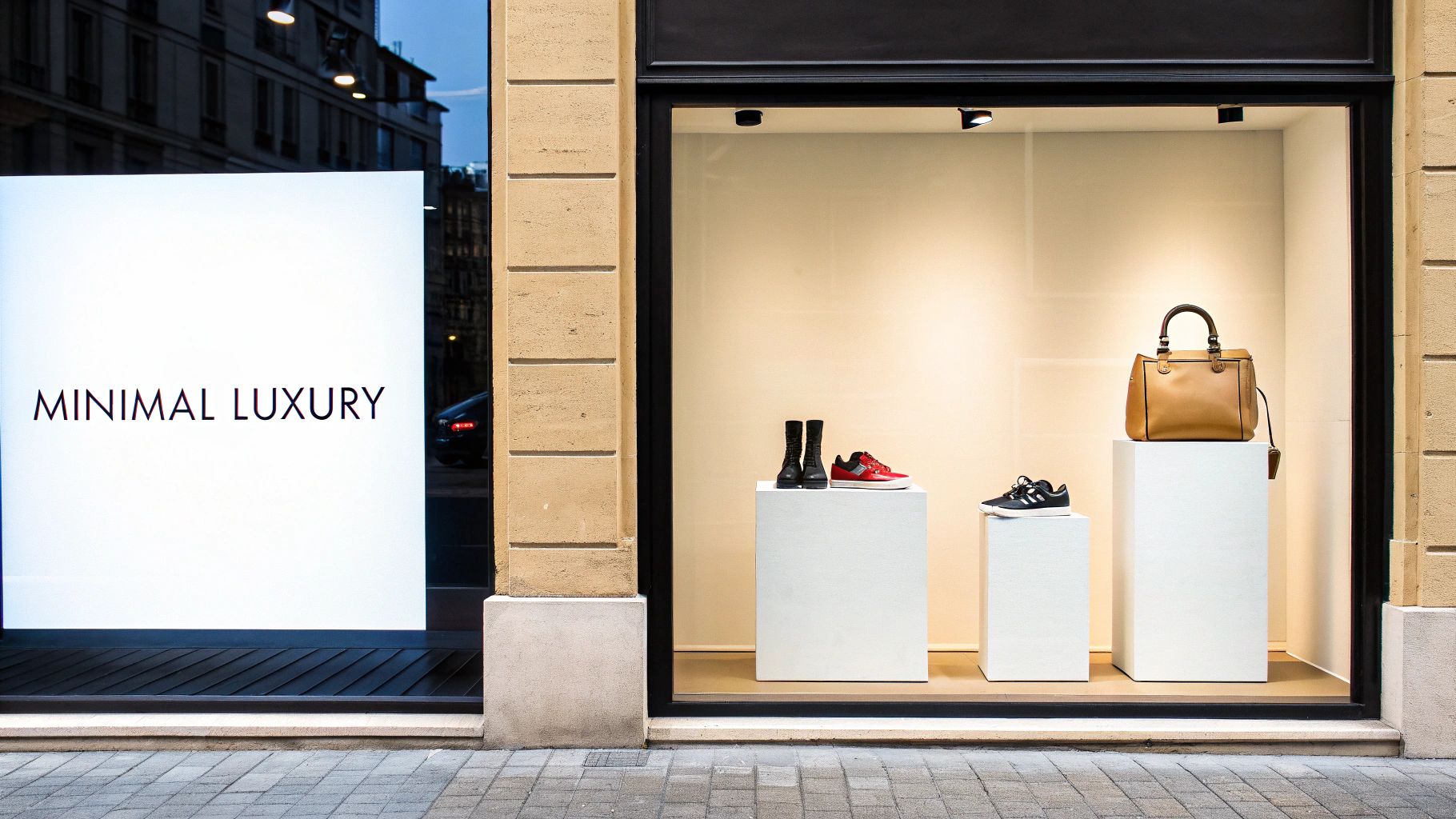 A minimalist luxury retail storefront with shoes and a stylish handbag displayed in the window.