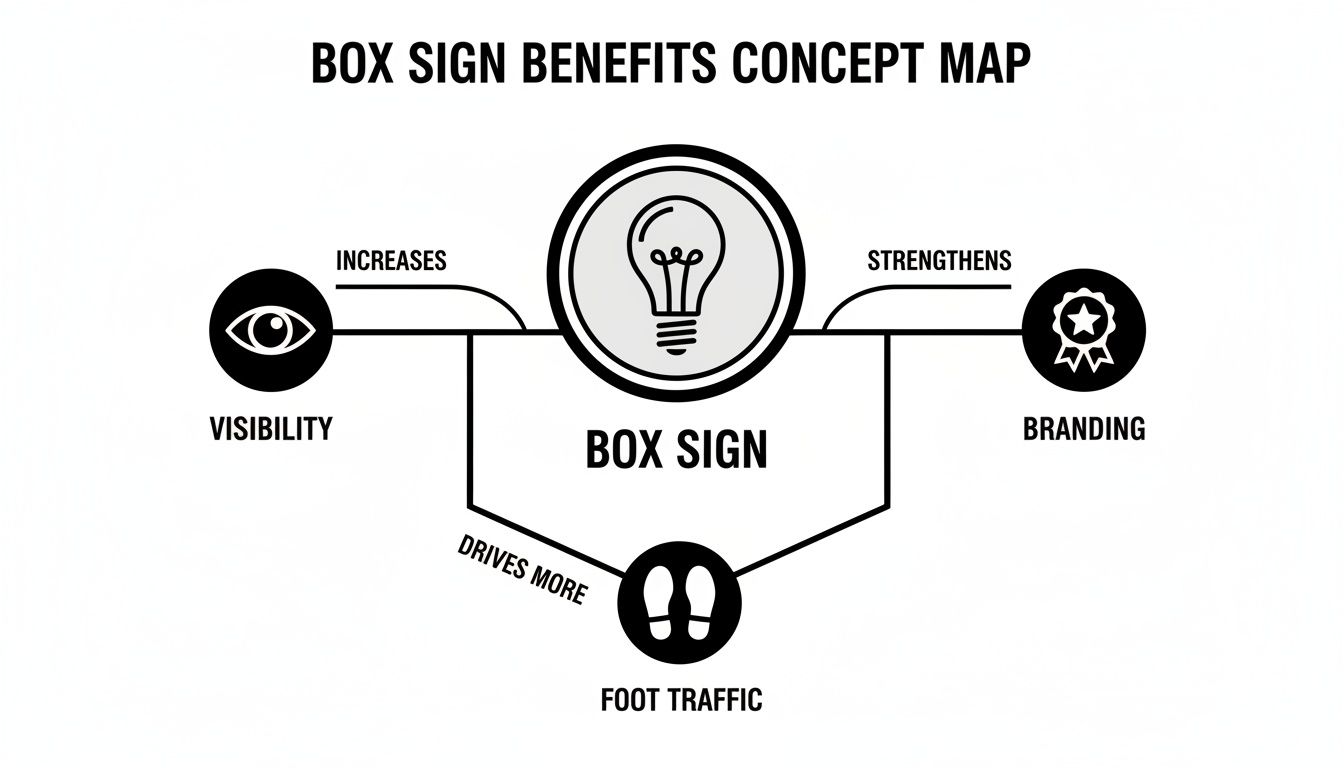Concept map illustrating box sign benefits, showing it increases visibility, strengthens branding, and drives more foot traffic.