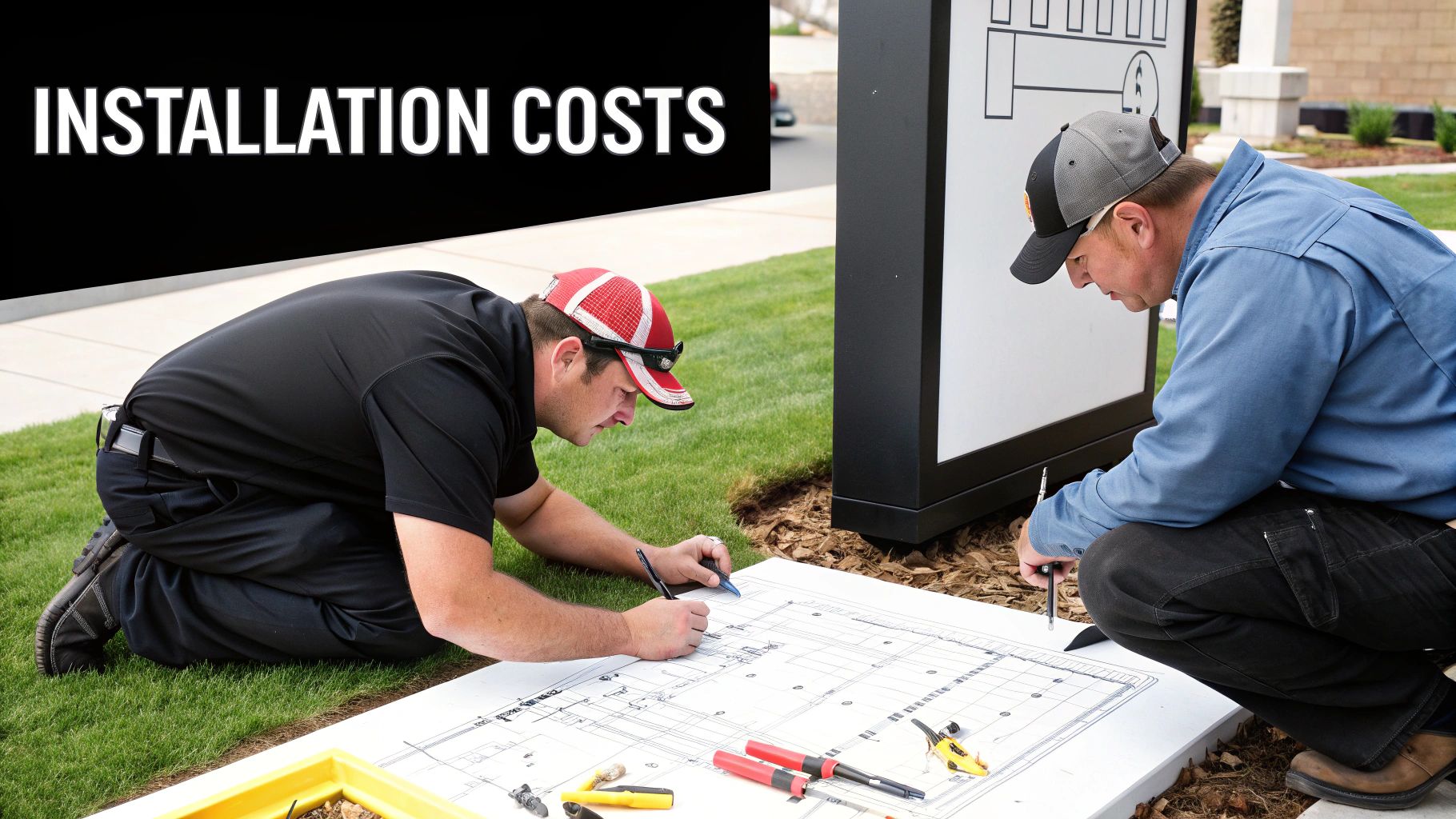 Two workers review blueprints on the grass, planning an installation project for an outdoor sign.