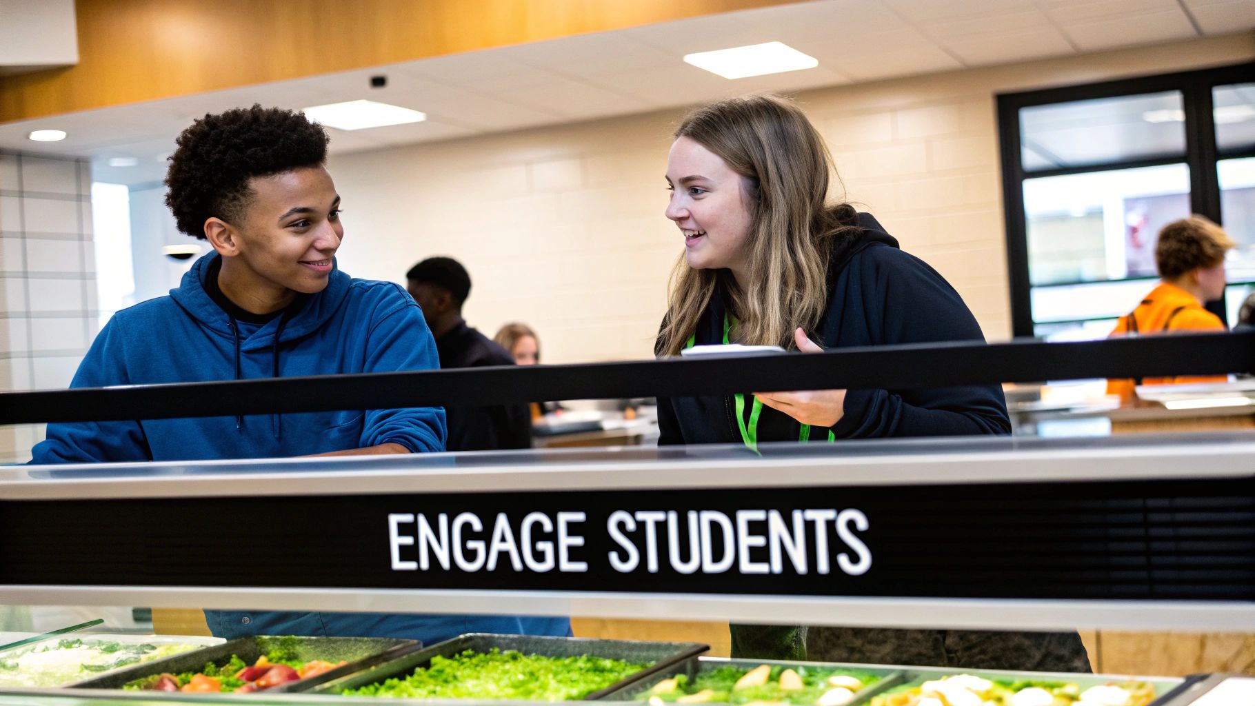 A digital screen in a school common area displaying vibrant, engaging content to students walking by.