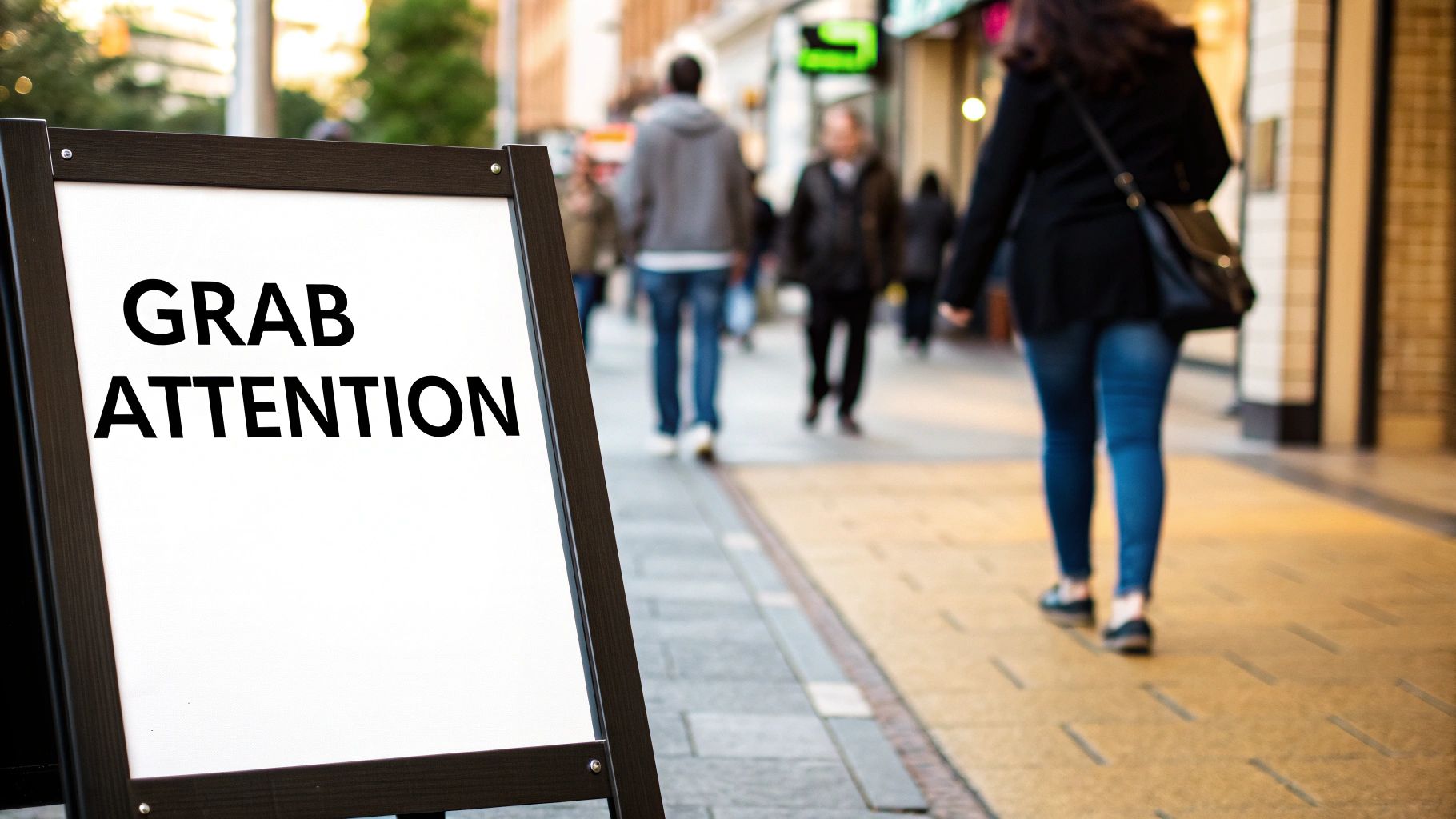 Sidewalk A-frame sign displaying Grab Attention message on busy urban shopping street with pedestrians