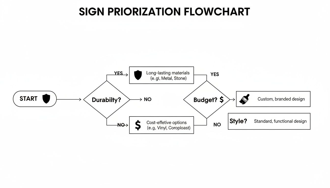 A flowchart detailing sign prioritization based on durability, budget, material choices, and design style.