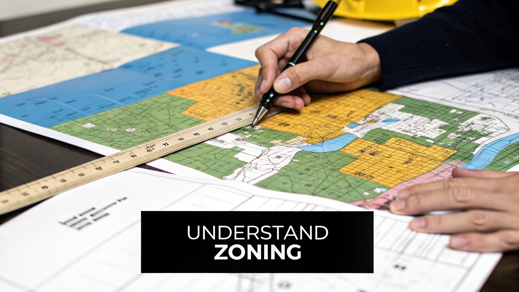 A measuring tape and a hard hat resting on a set of architectural blueprints for a building.