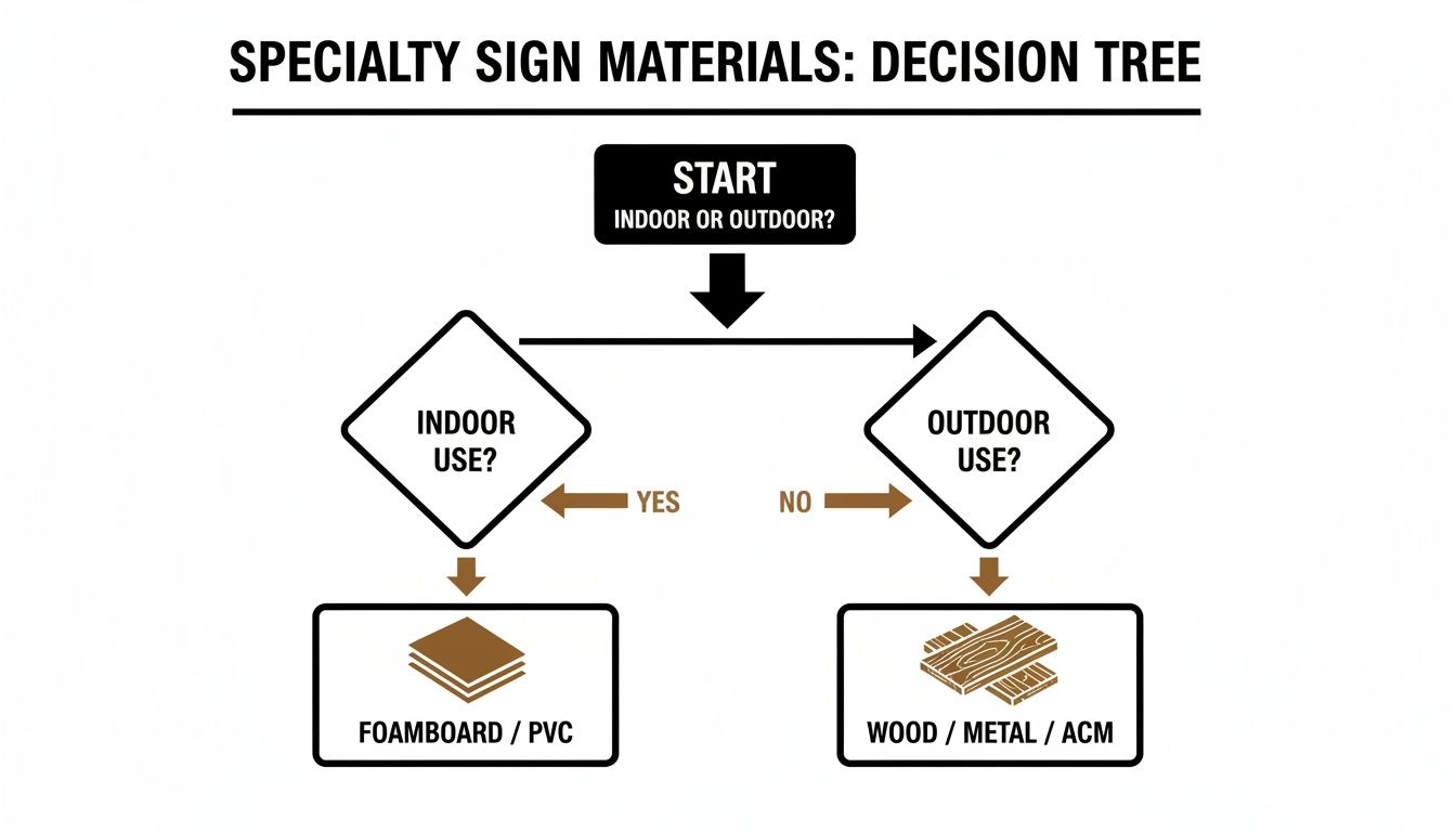 Decision tree flowchart illustrating specialty sign material recommendations for indoor (Foamboard/PVC) or outdoor (Wood/Metal/ACM) use.