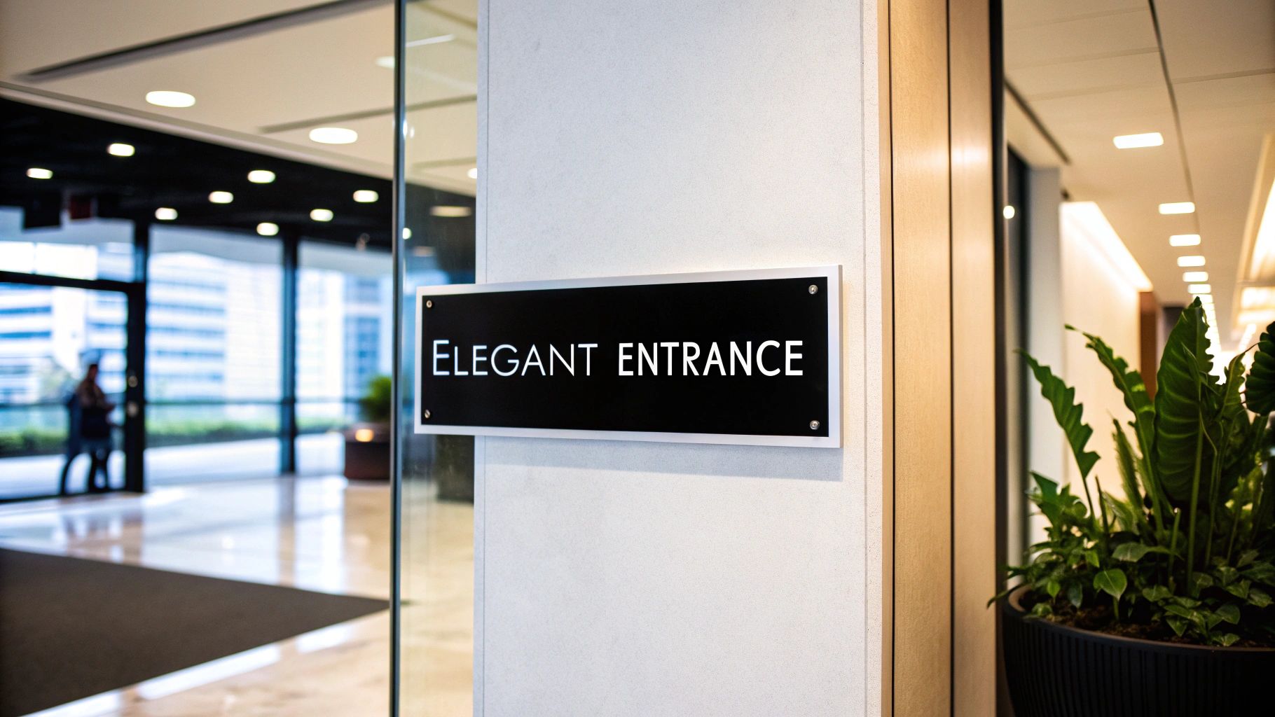 A black 'Elegant Entrance' sign with a silver frame on a white wall in a modern building lobby.